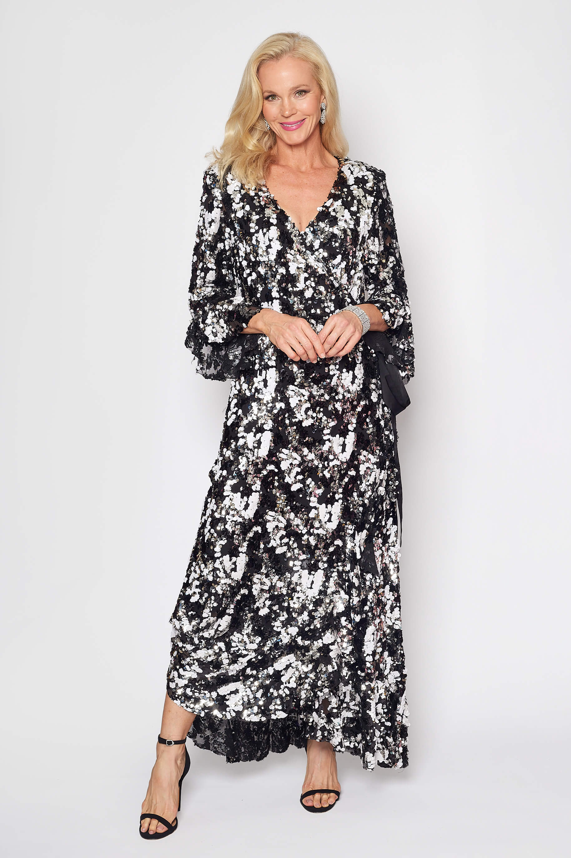 Black, White and Silver Sequin Gala Wrap Dress