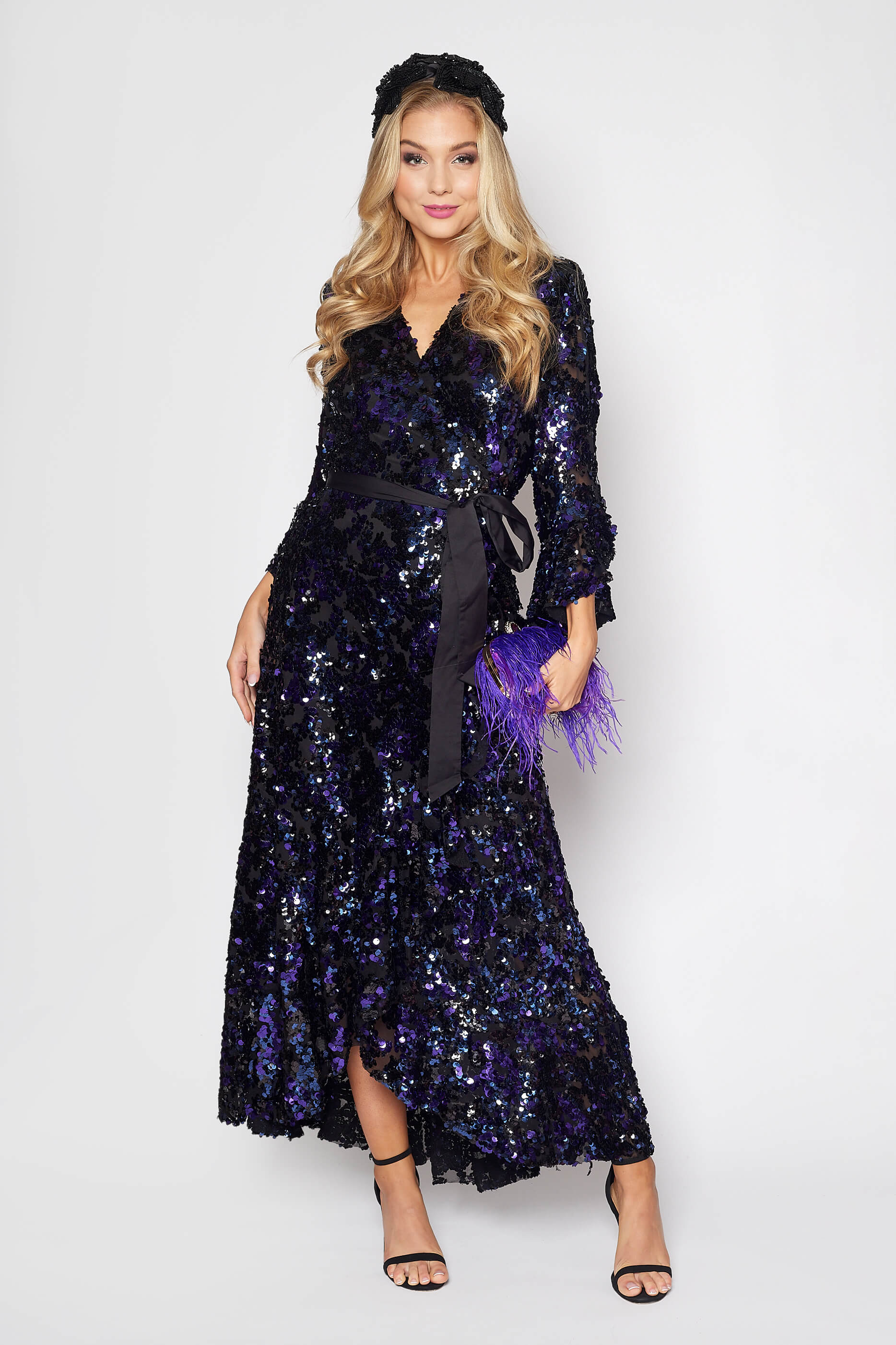 Black and Purple Sequin Gala Wrap Ddress