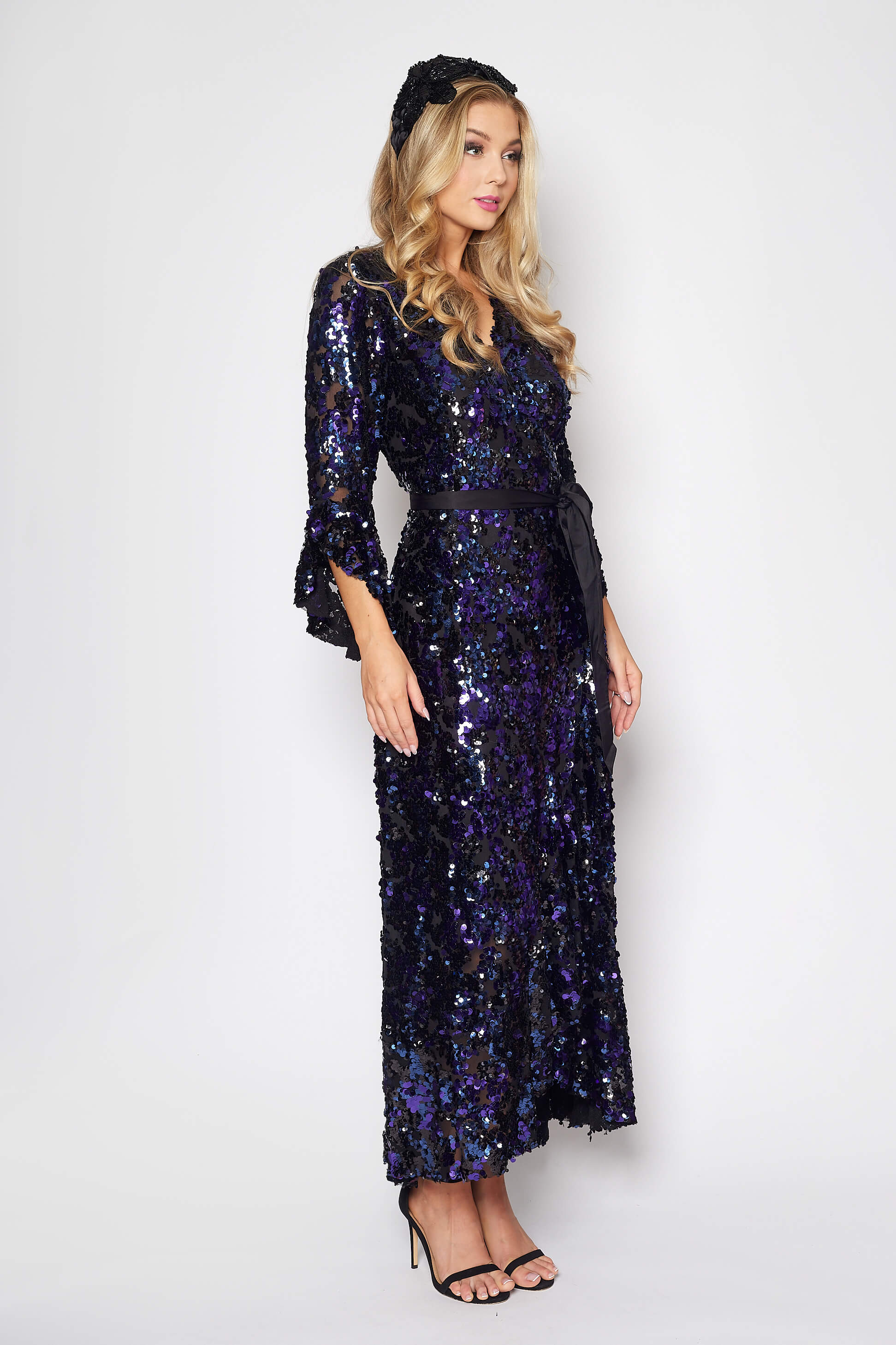 Black and Purple Sequin Gala Wrap Ddress