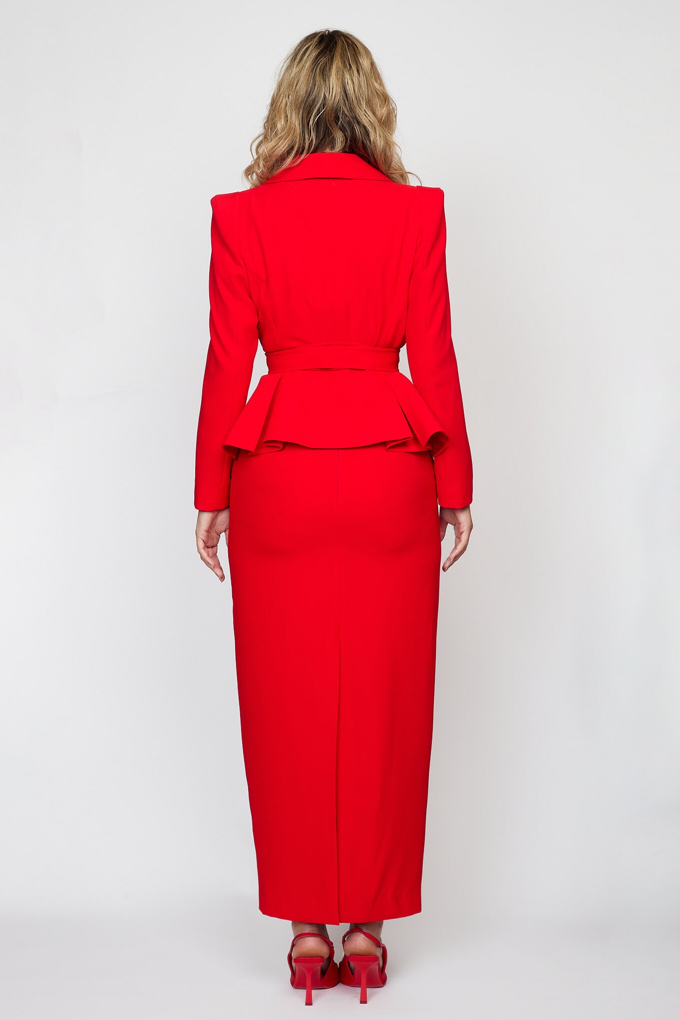 Red Peplum Jacket with Tie Belt with Circa 80&