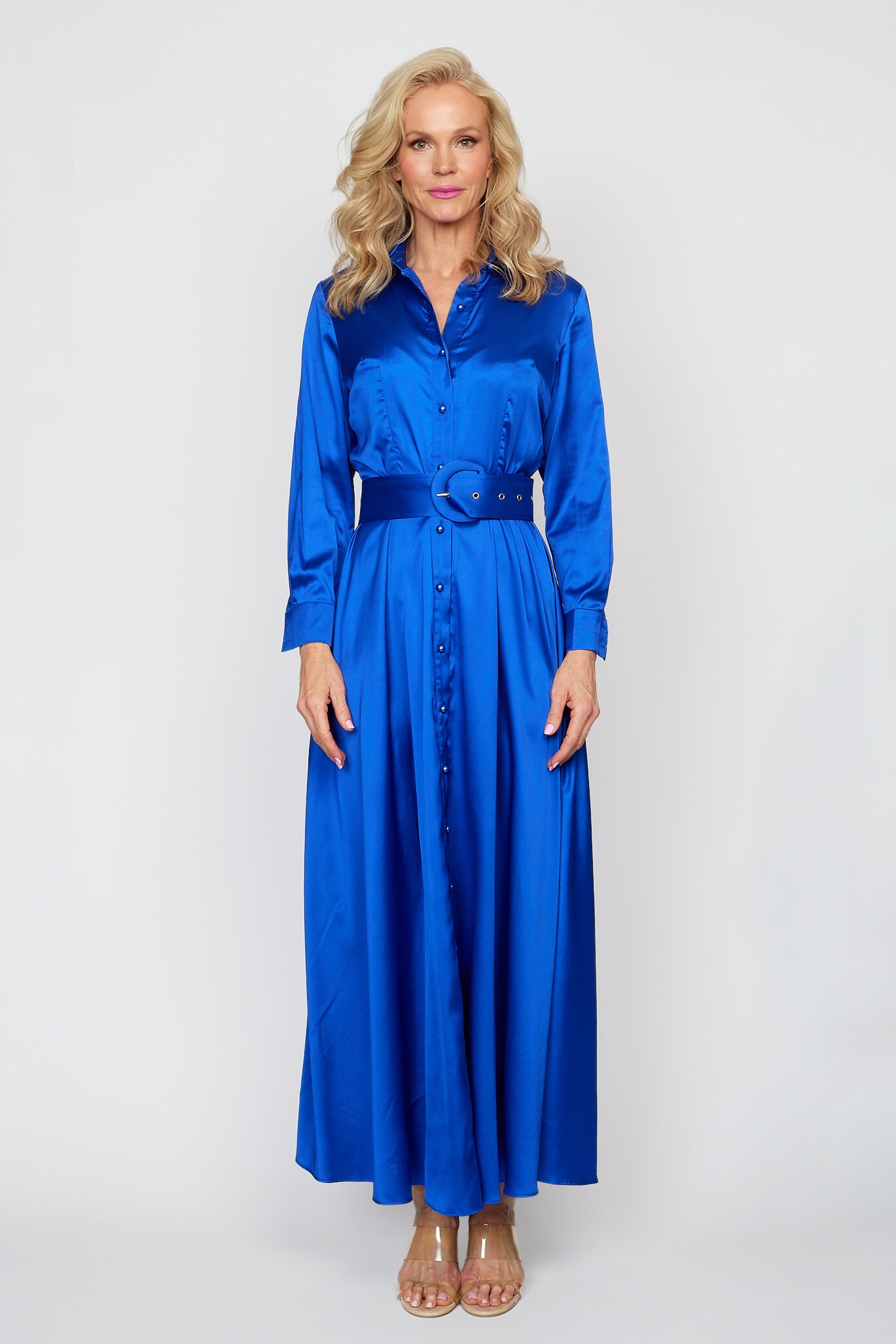 Royale Satin Button-Thru Belted Dress