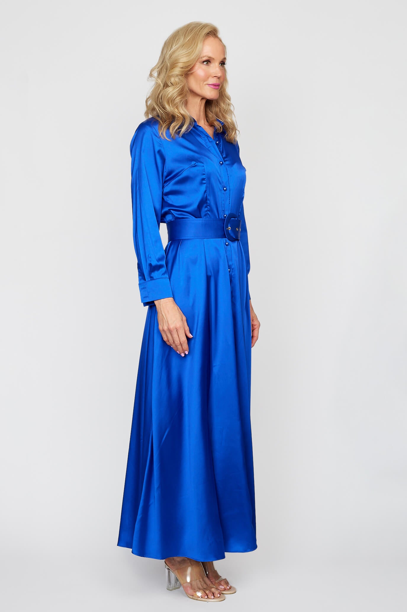 Royale Satin Button-Thru Belted Dress
