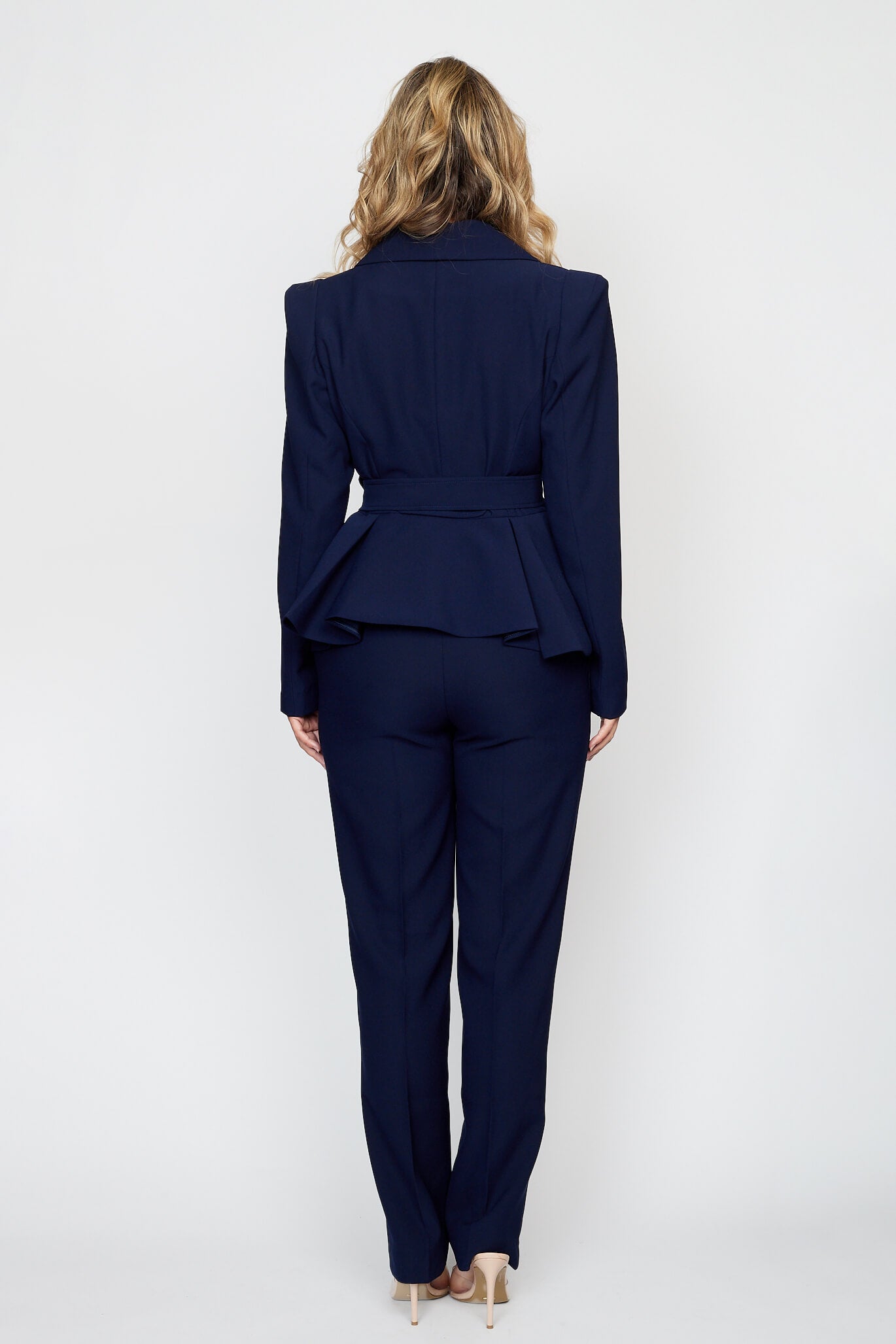 Navy Peplum Jacket with Tie Belt with Navy Classic Pant