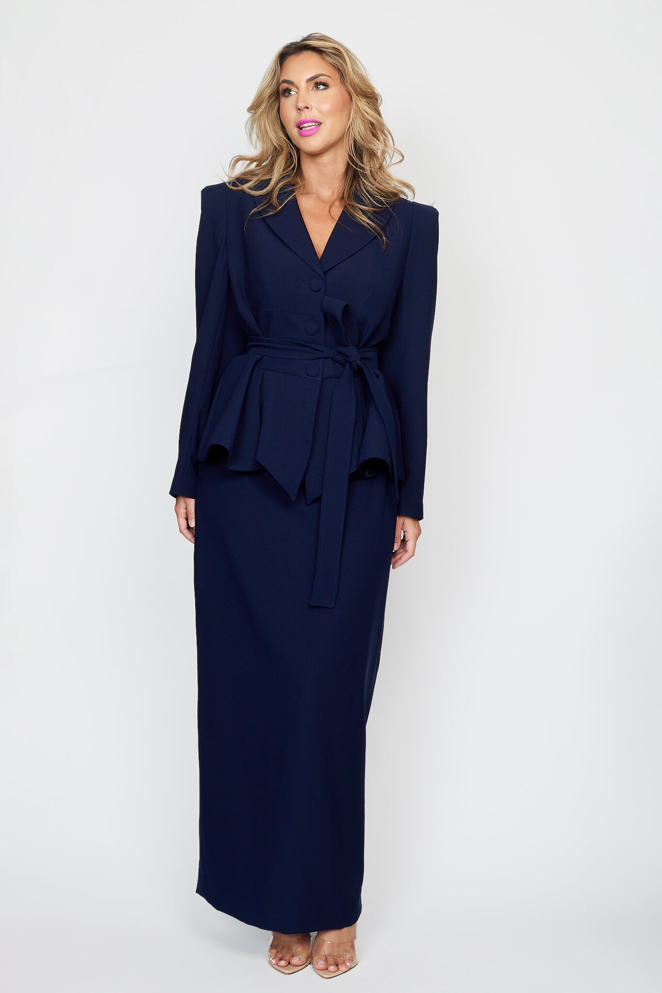Navy Peplum Jacket with Tie Belt with Circa 80&