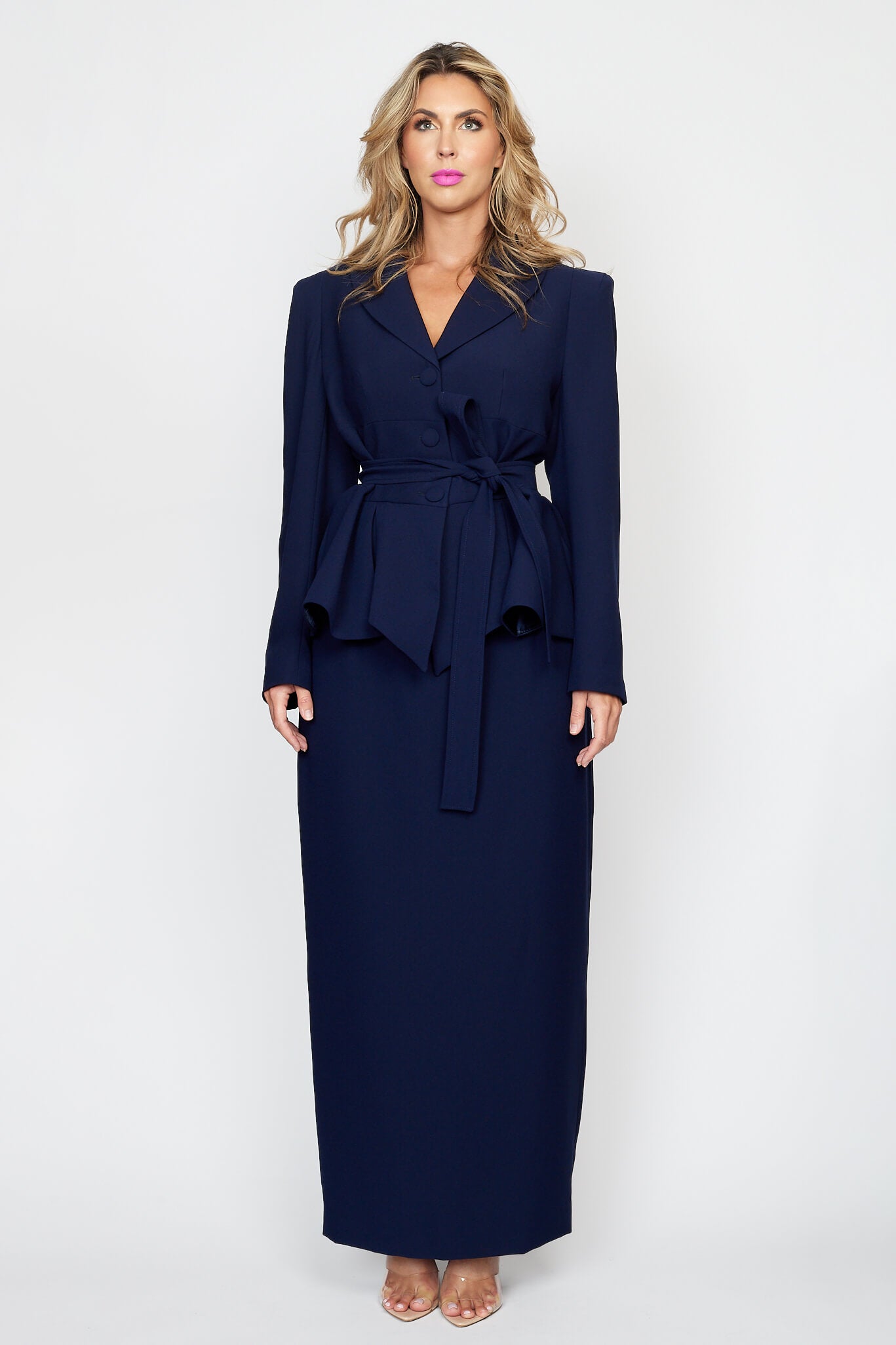 Navy Peplum Jacket with Tie Belt with Circa 80&