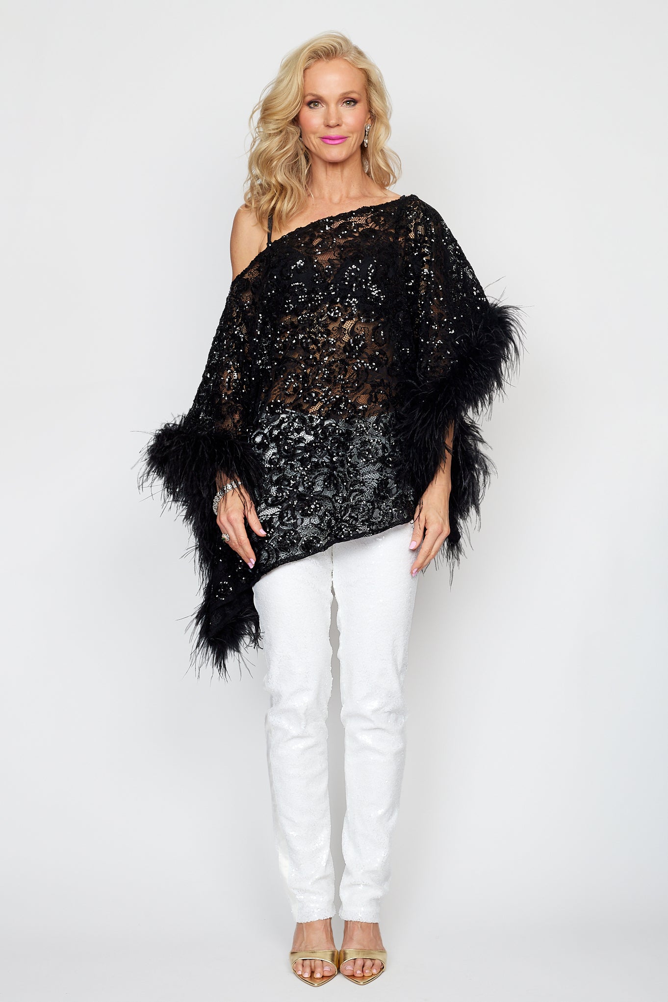 Black Sequin Lace Feather Poncho