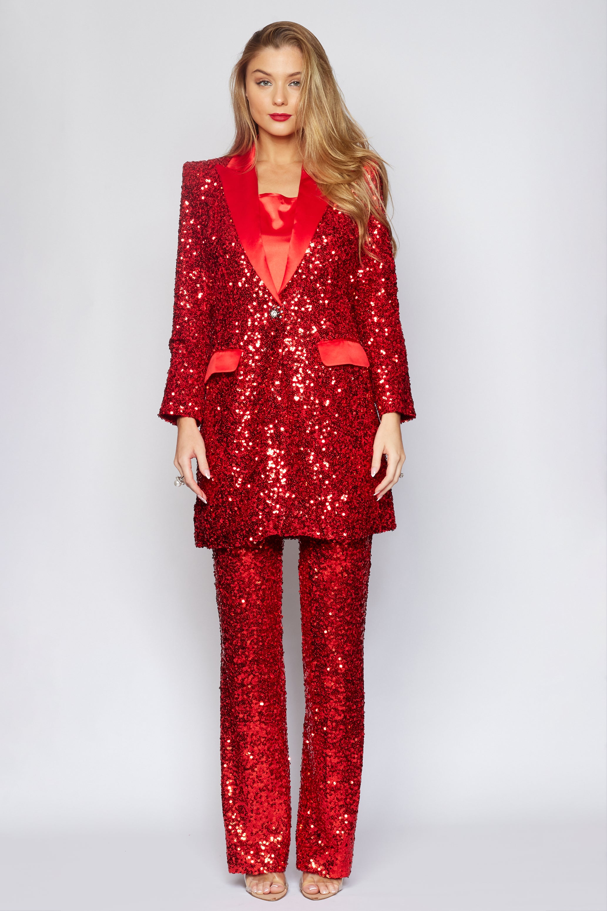 Red Sequin Tux Jacket Longline Jacket