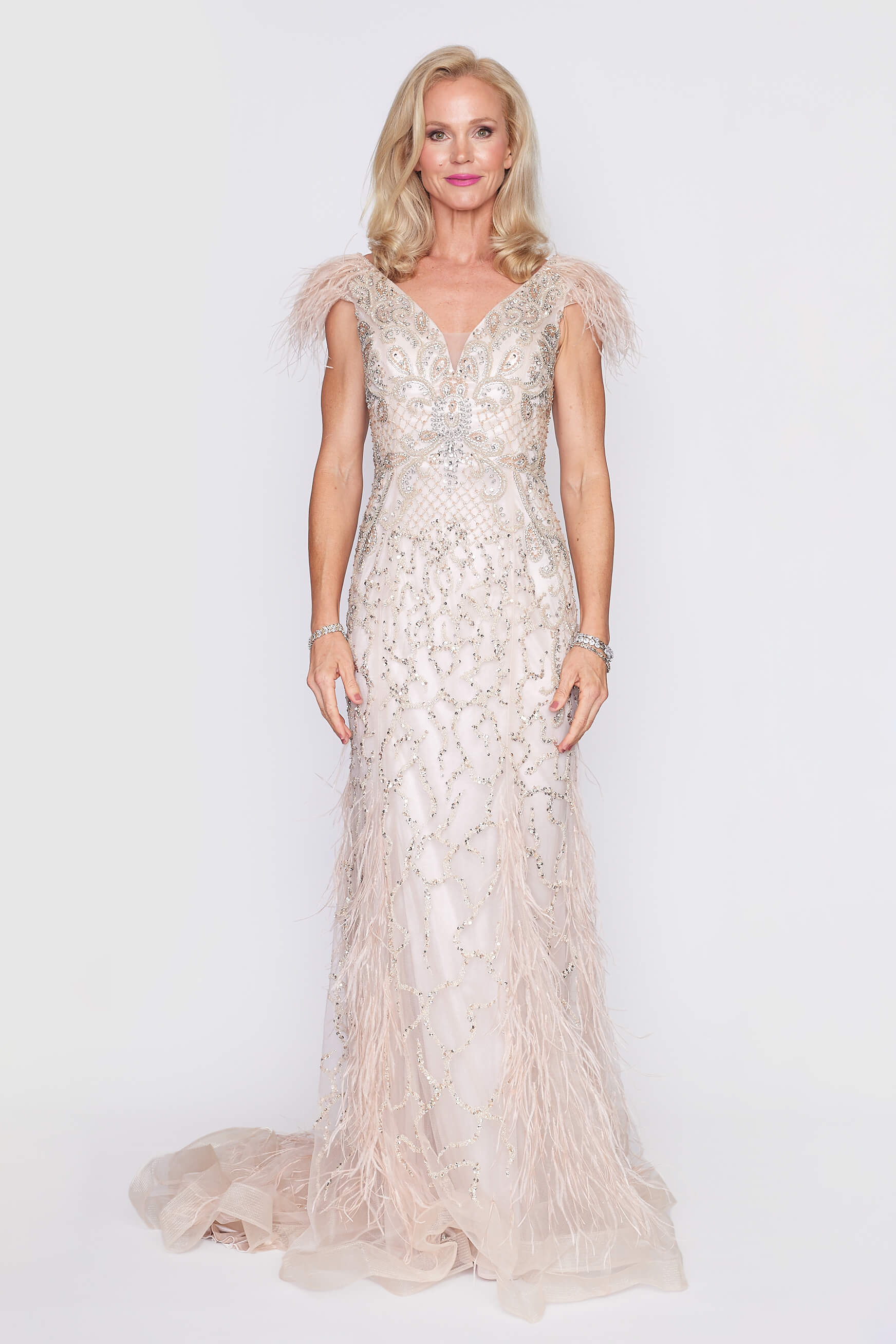 Campagne Beaded Feather Gown with Train