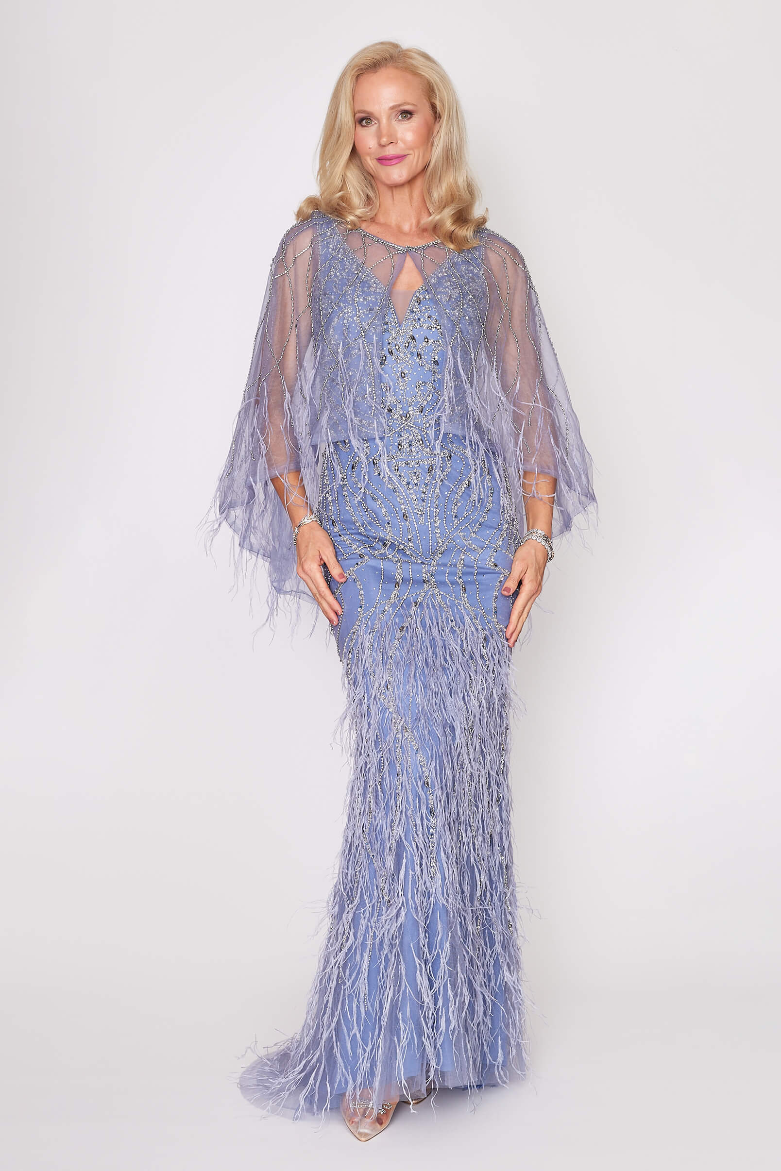 Wedgewood Blue Beaded Tulle Long Dress with Train & Matching Removable Cape