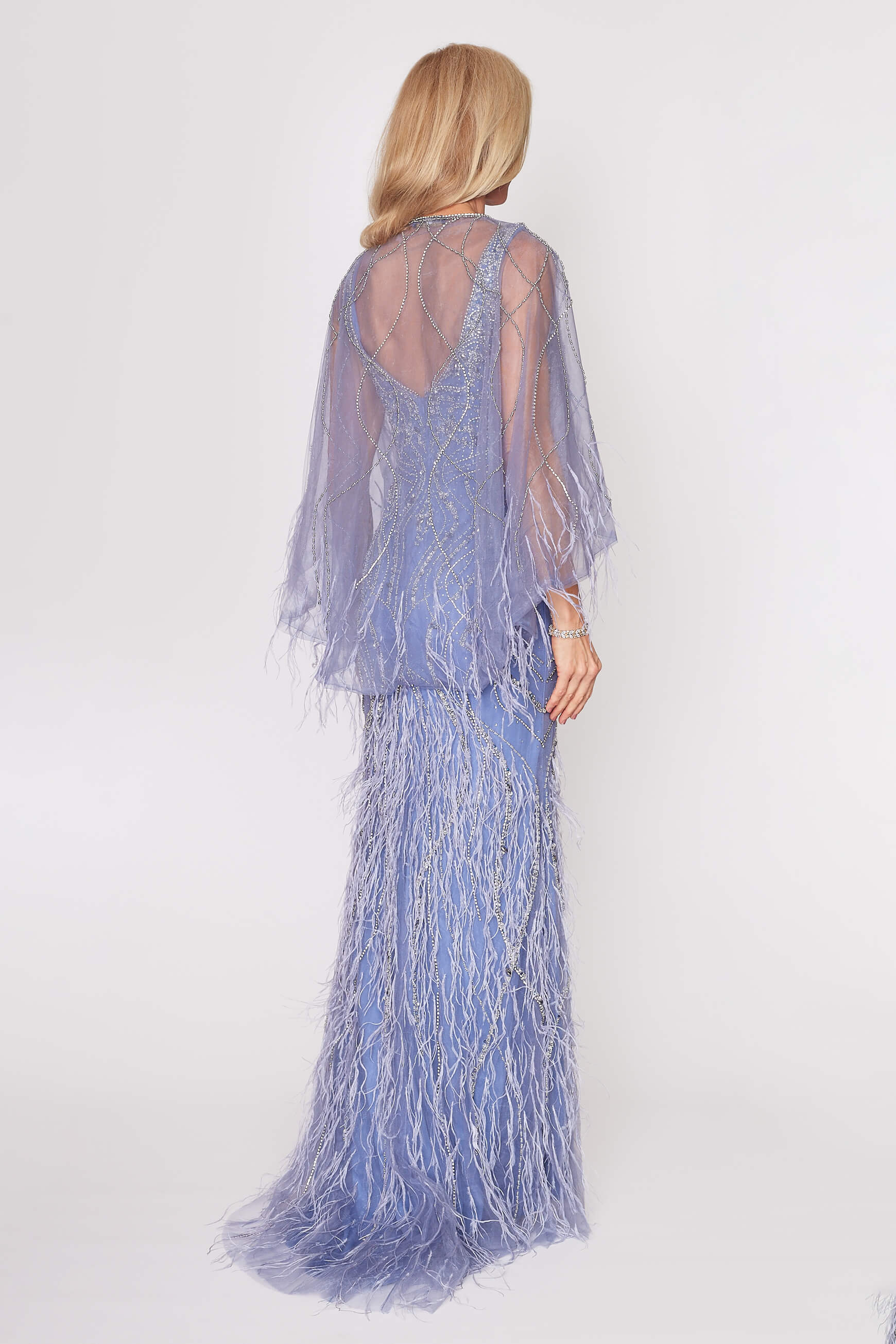 Wedgewood Blue Beaded Tulle Long Dress with Train & Matching Removable Cape
