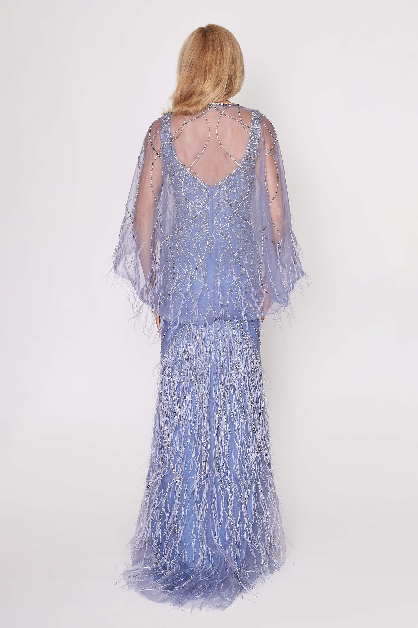 Wedgewood Blue Beaded Tulle Long Dress with Train & Matching Removable Cape