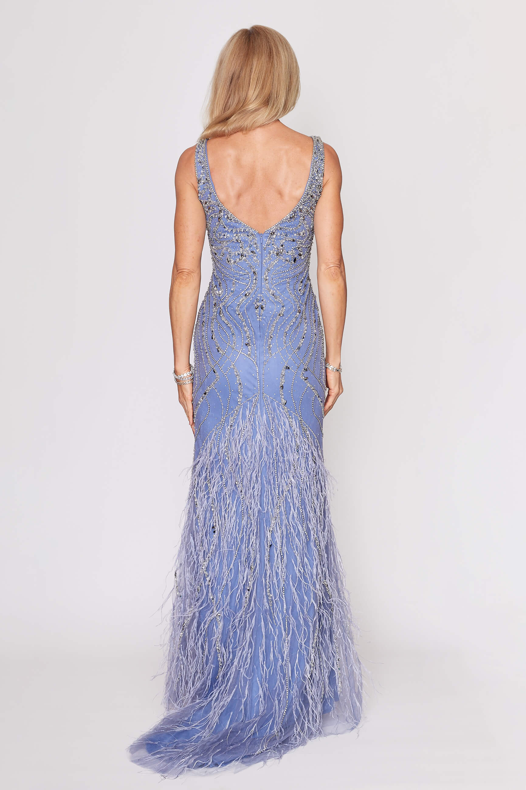 Wedgewood Blue Beaded Tulle Long Dress with Train & Matching Removable Cape