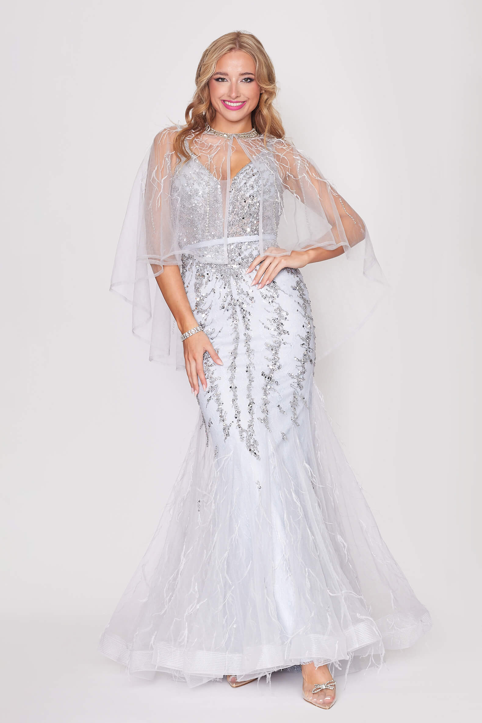 Silver Backless Beaded Tulle Dress with Detachable Cape