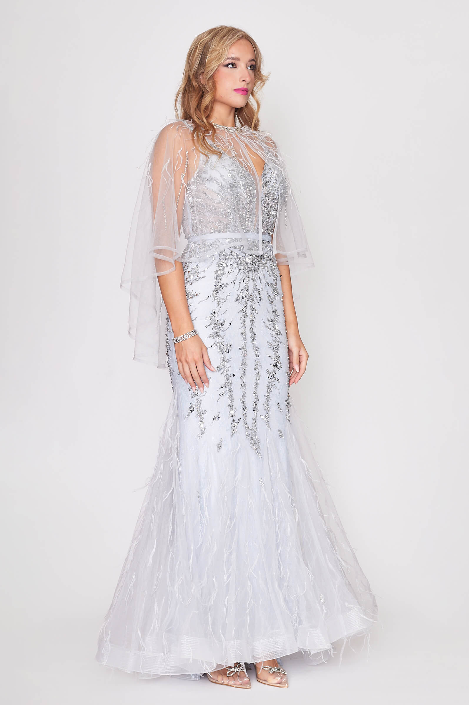 Silver Backless Beaded Tulle Dress with Detachable Cape