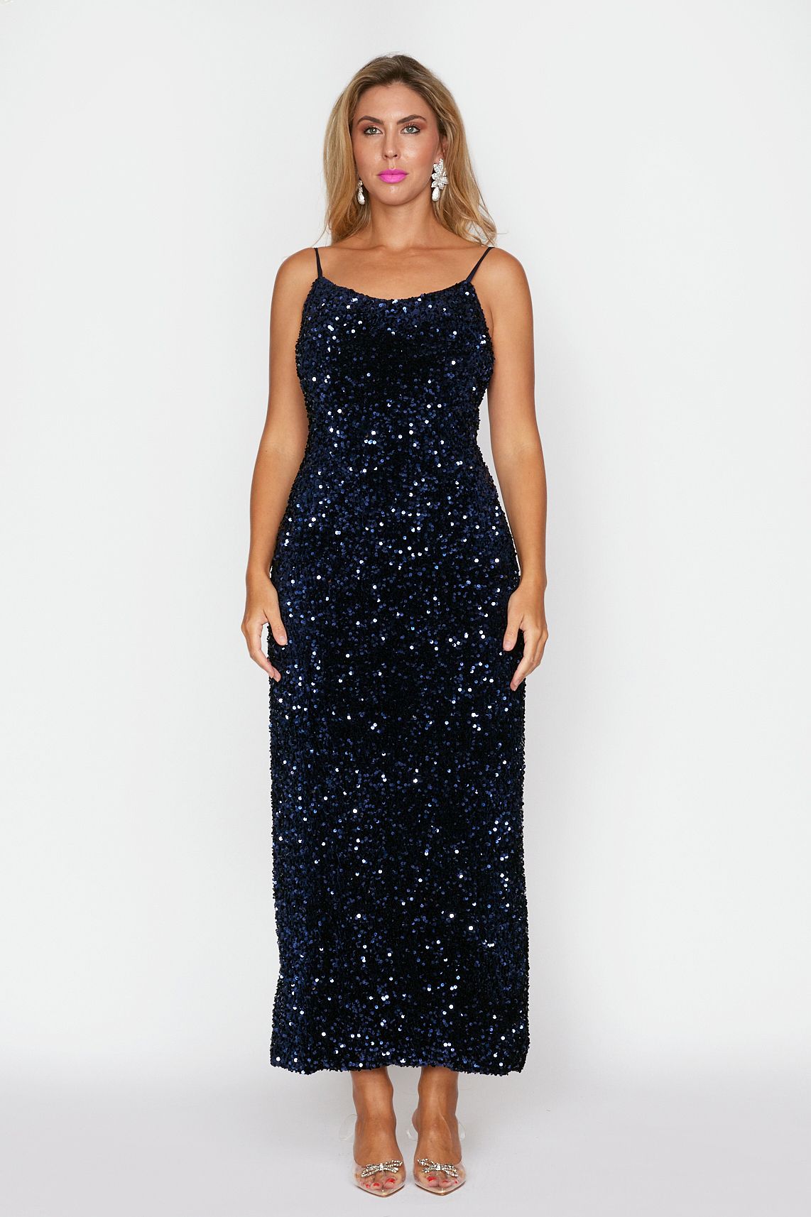 Navy Velvet Sequin Slip Dress