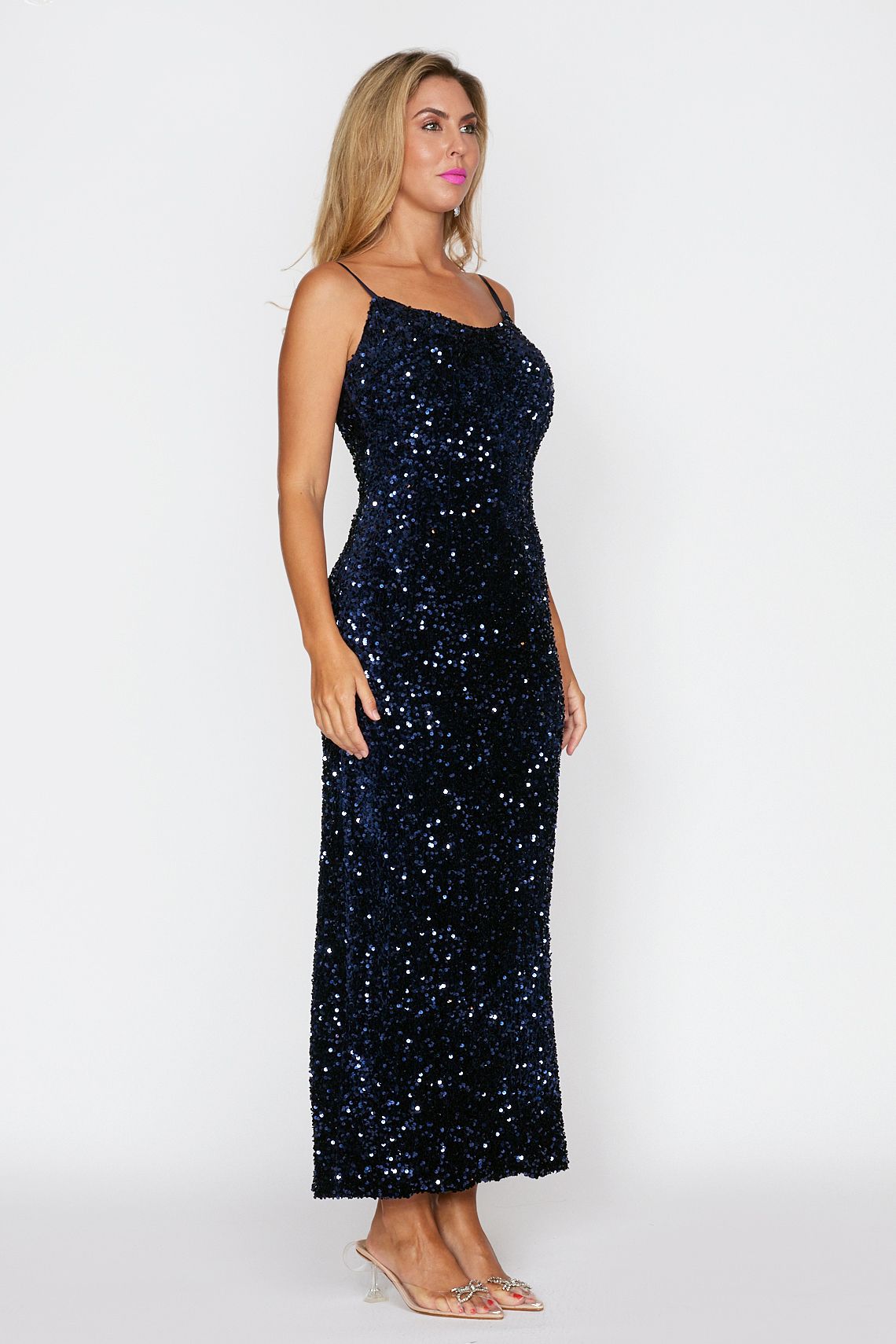 Navy Velvet Sequin Slip Dress