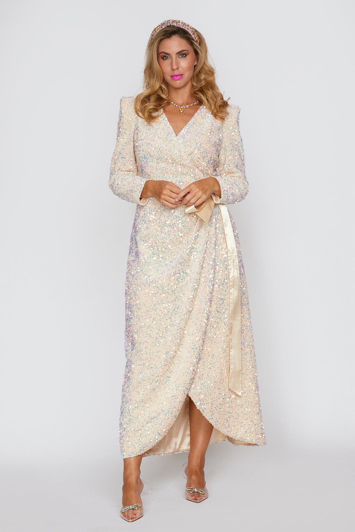 Gelato Cream Velvet Sequin Wrap Dress