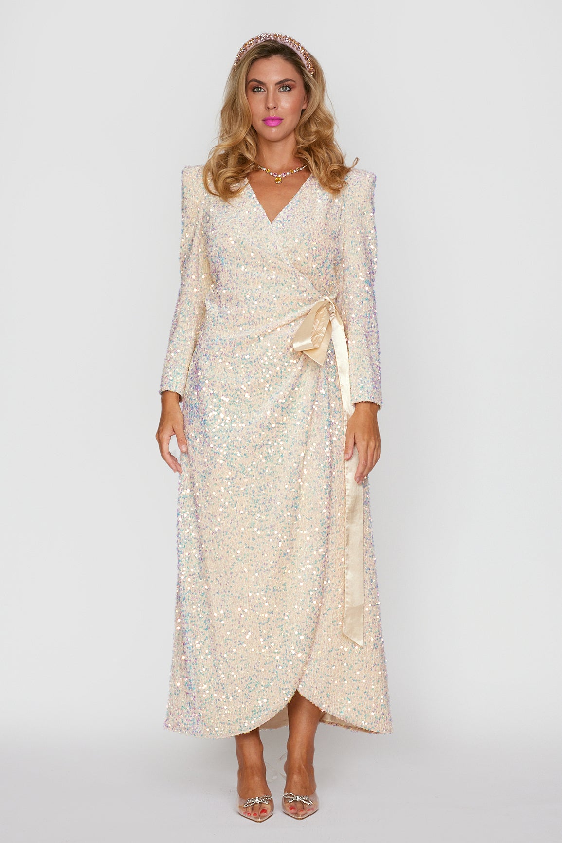 Gelato Cream Velvet Sequin Wrap Dress