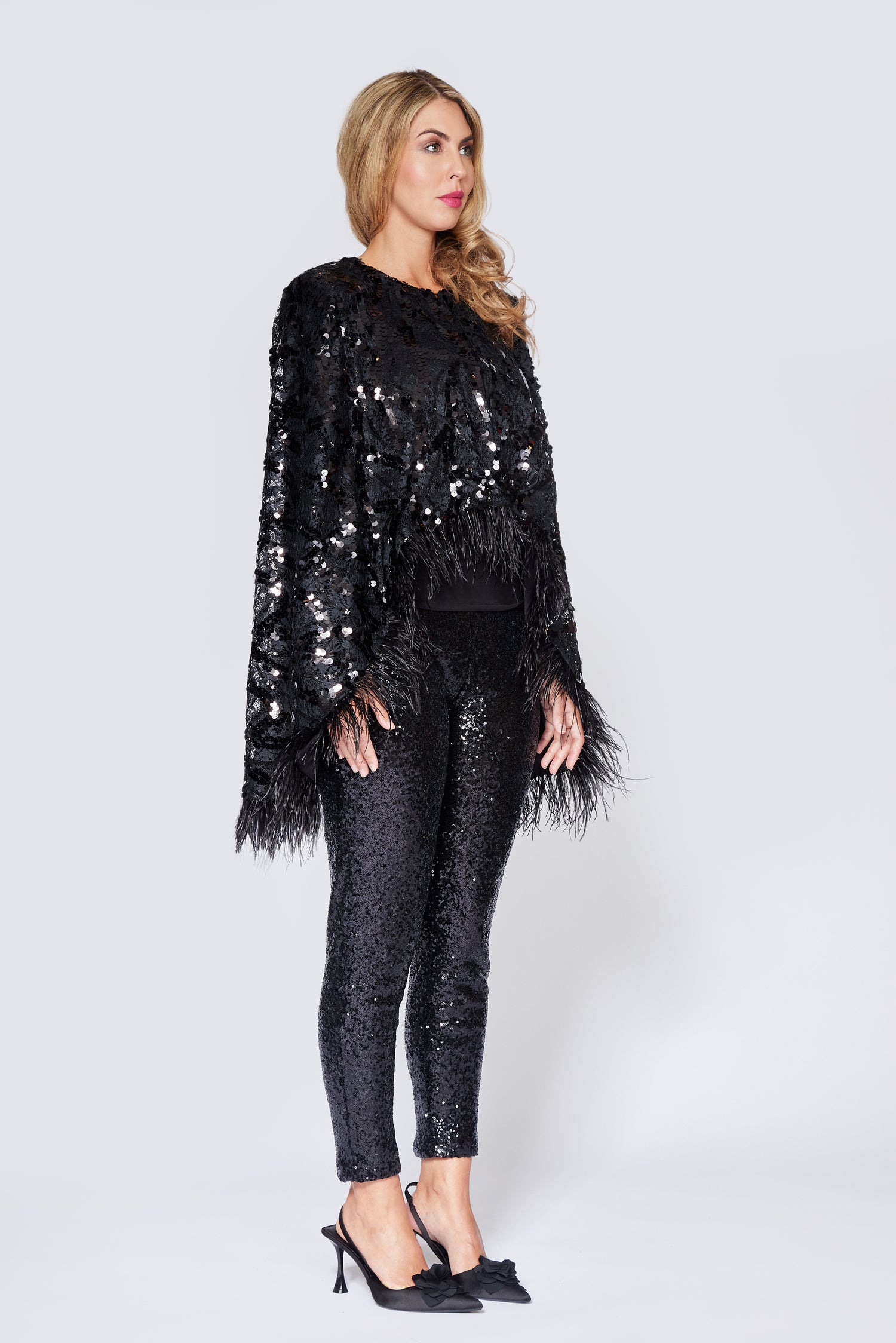 Black Sequin/Feather Cape