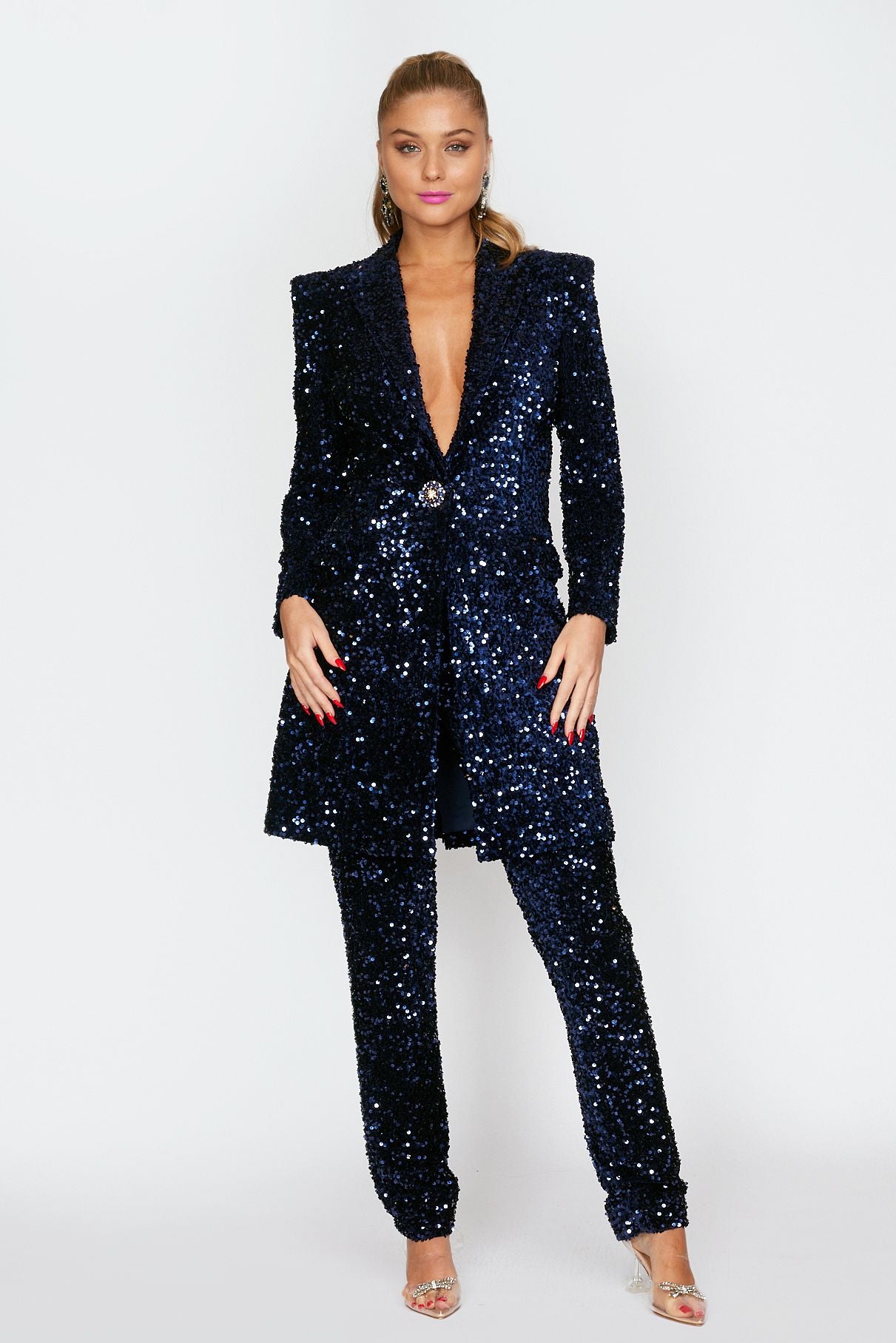 Navy Velvet Sequin Longline Coat