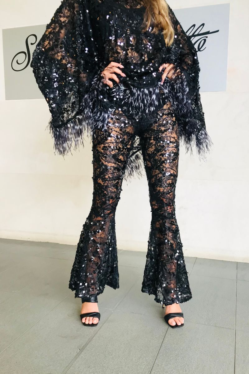 Sequin Feather Venetian Poncho Top