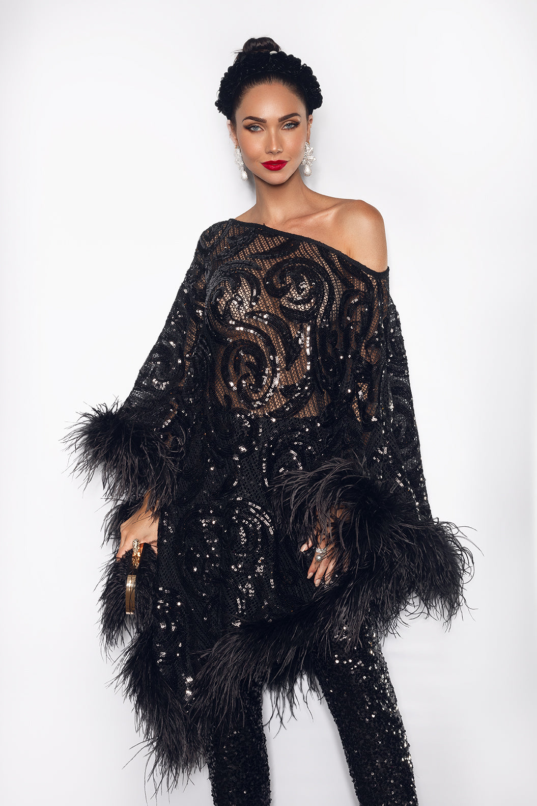 Black Feather Sequin Poncho
