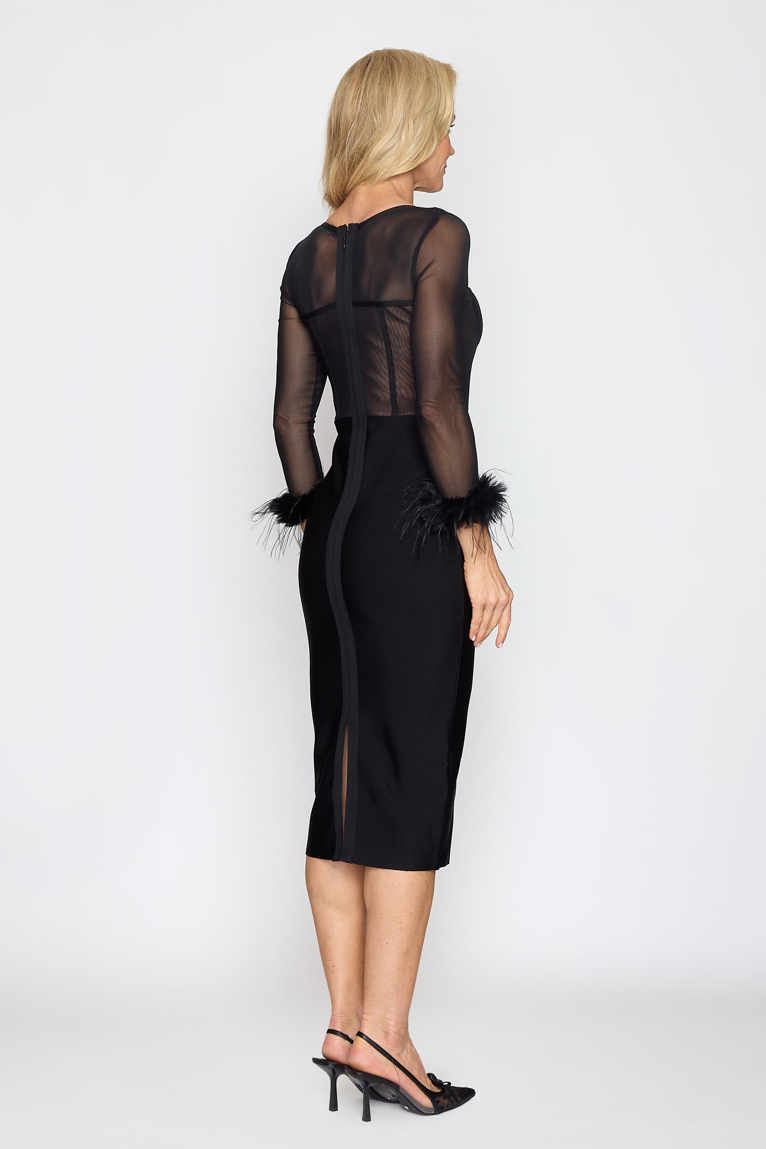 Black Mesh Body-Con Dress with Feather Cuff