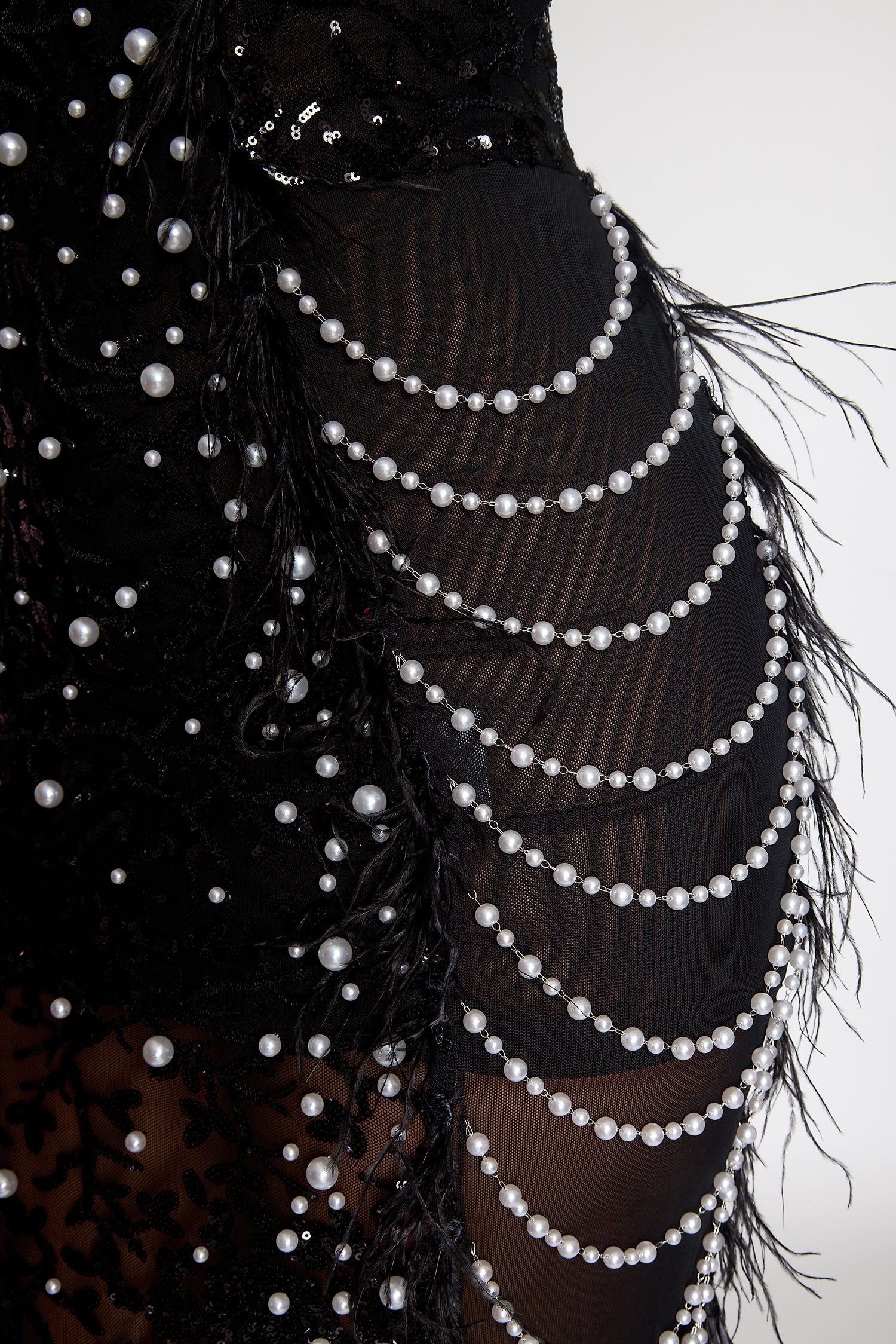 Black Beaded Body-Con Feather and Pearl Dress