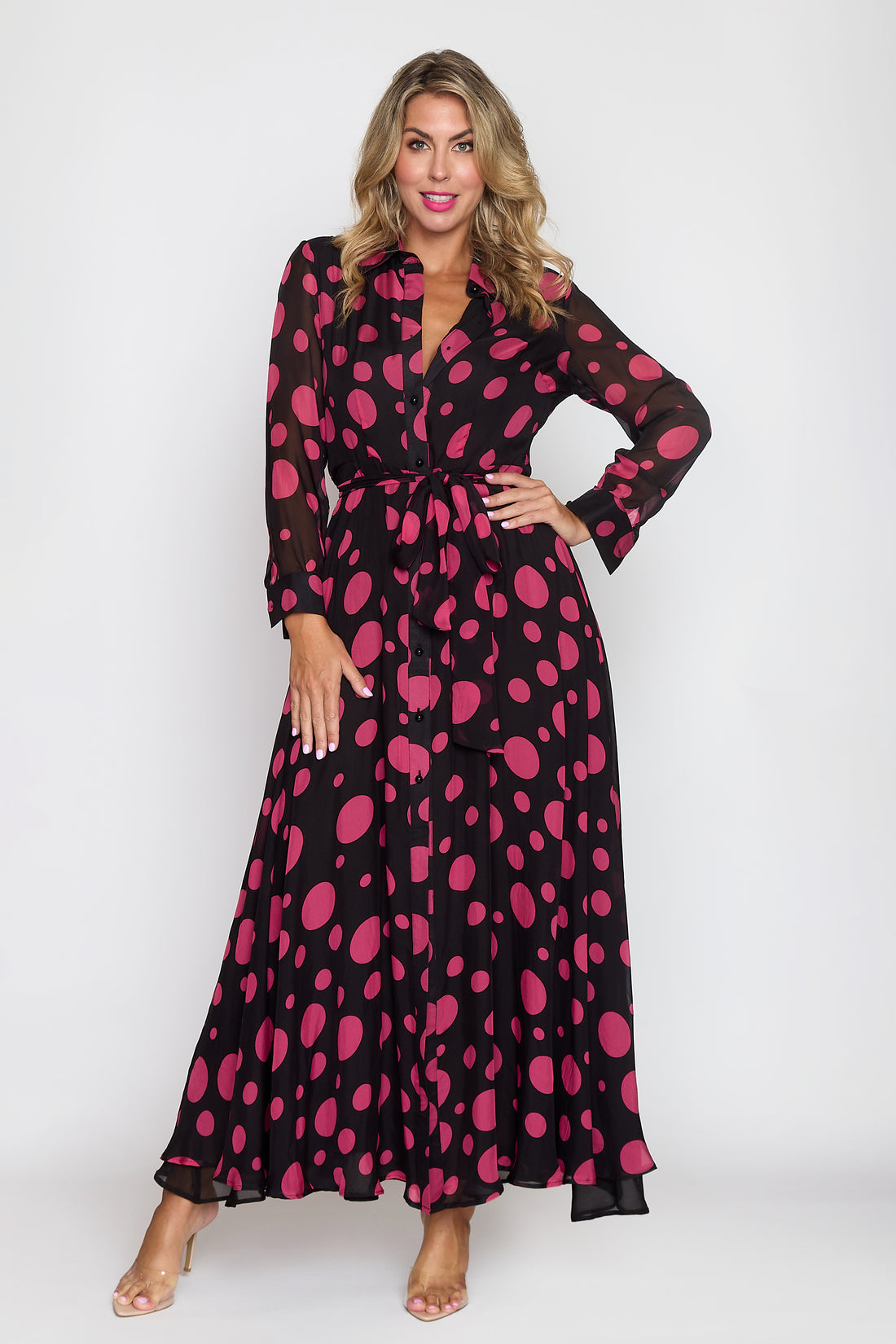 Black/ Pink Polka Dot Coat Dress