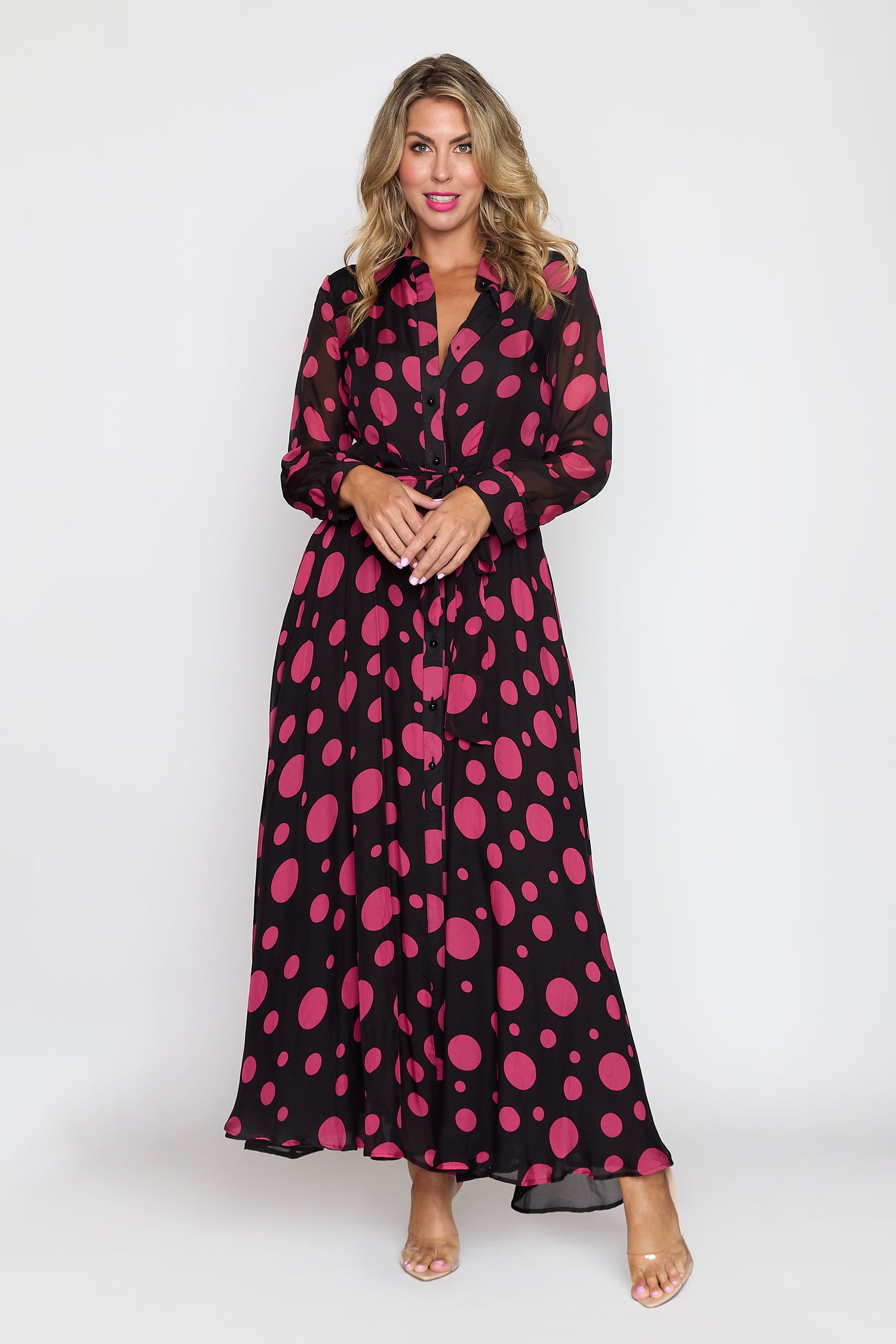 Black/ Pink Polka Dot Coat Dress