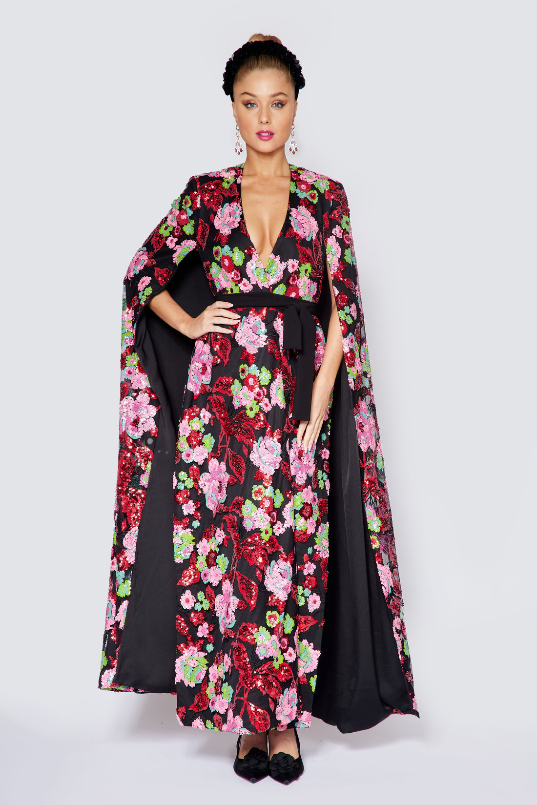 Black, Red and Pink Floral Sequin Cape (Long)