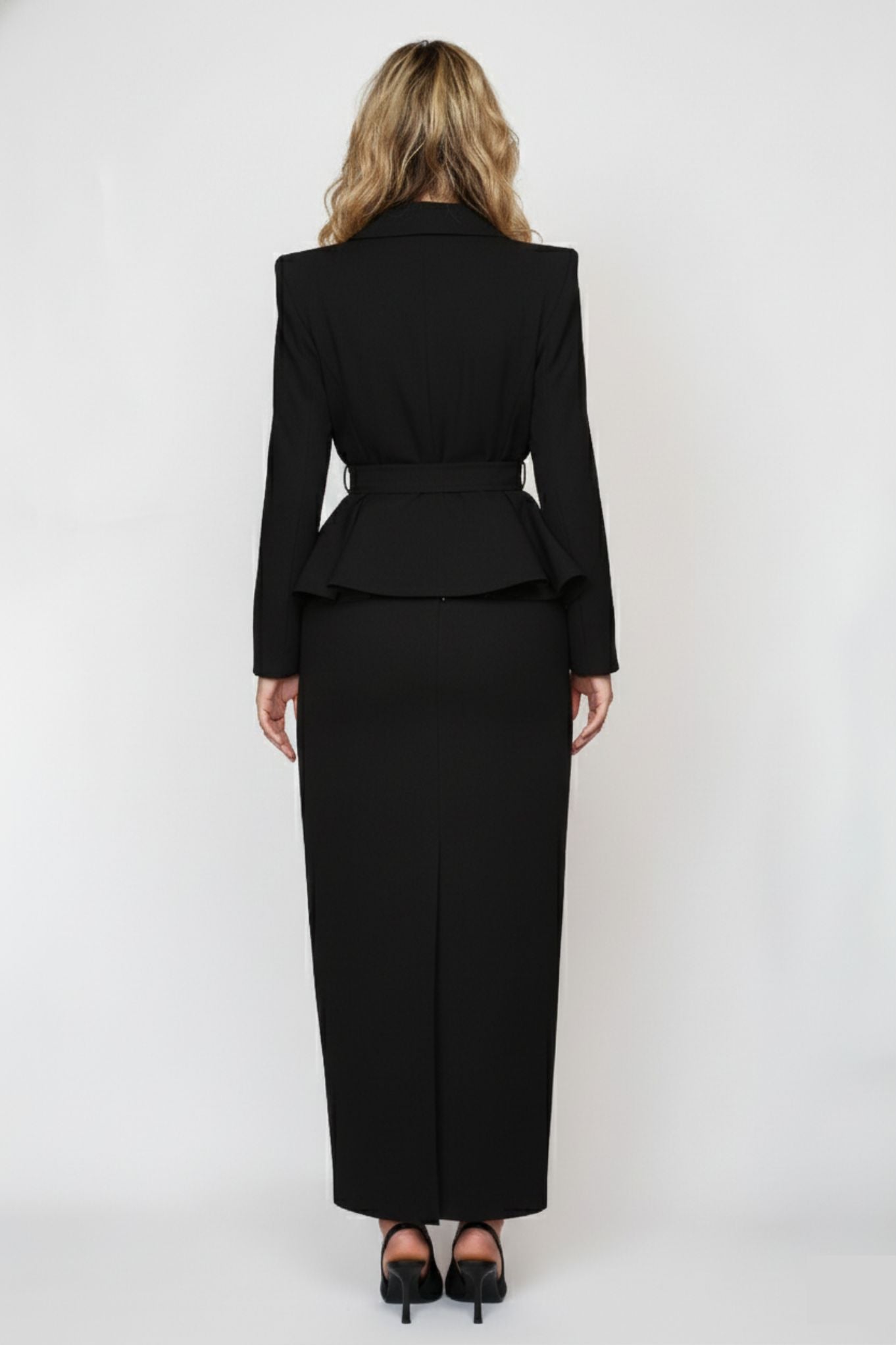 Black Peplum Jacket with Tie Belt with Circa 80&