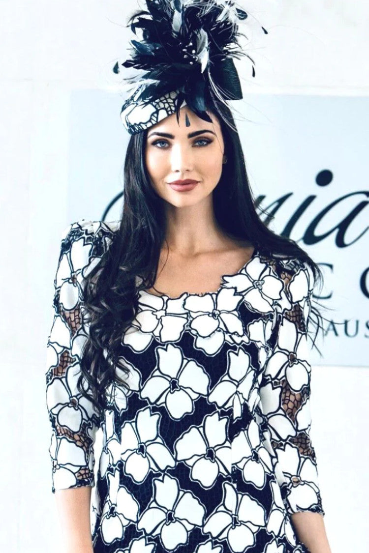 Navy and White 3D Lace Shift Dress with Matching Handmade Custom Hat