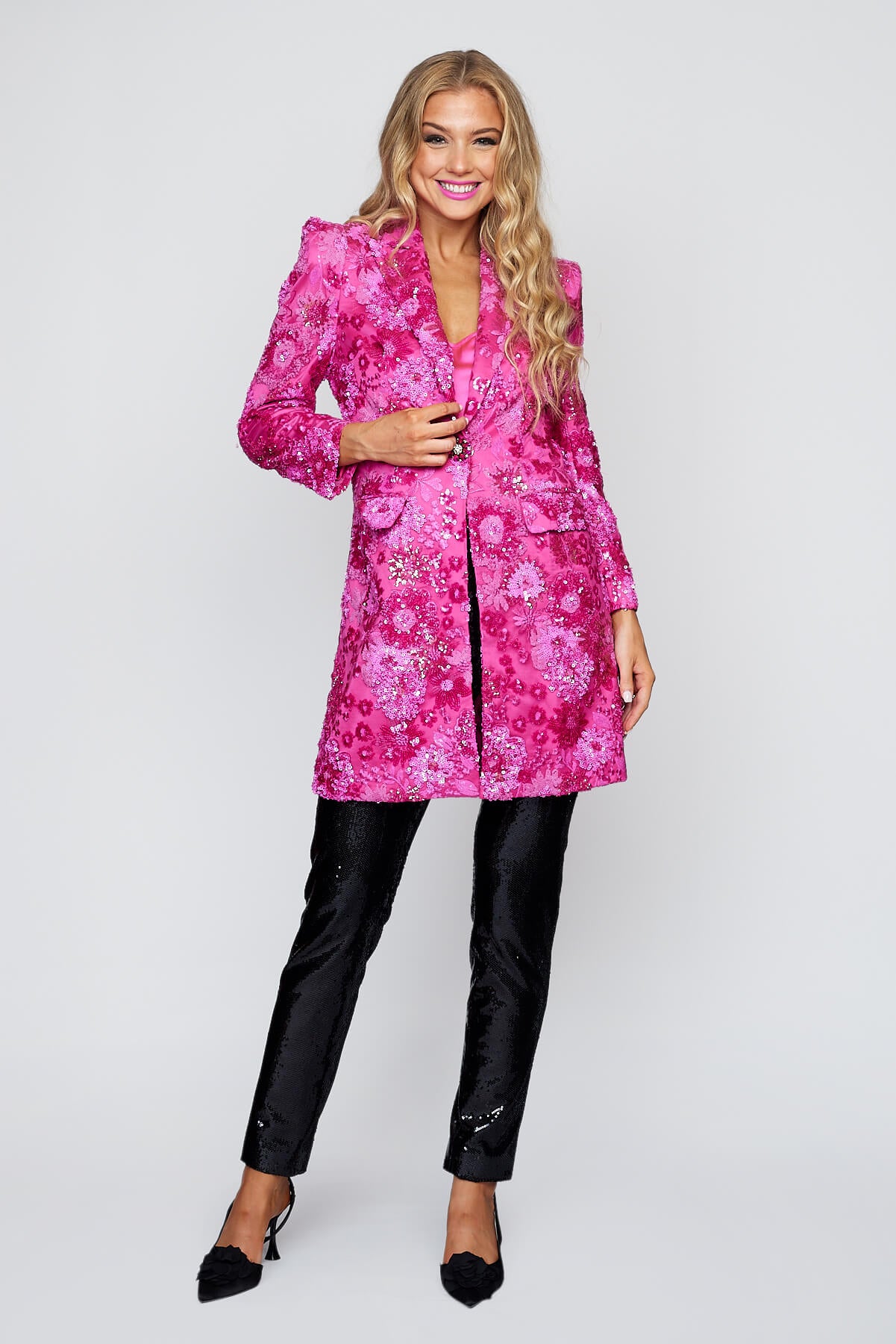 Hot Pink Longline Jacket with Glossy Sequin Pant