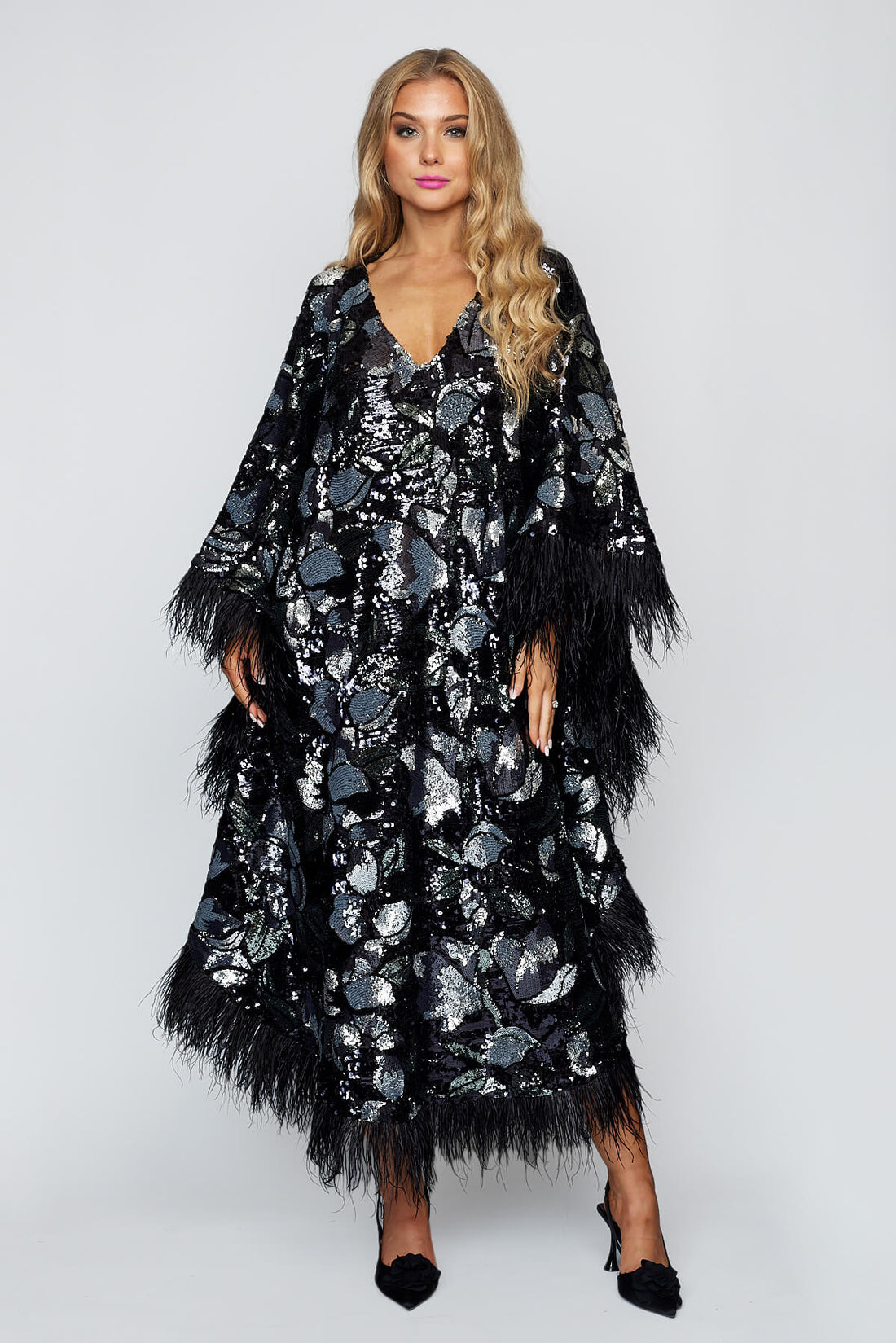 Sequin Feather Kaftan Dress