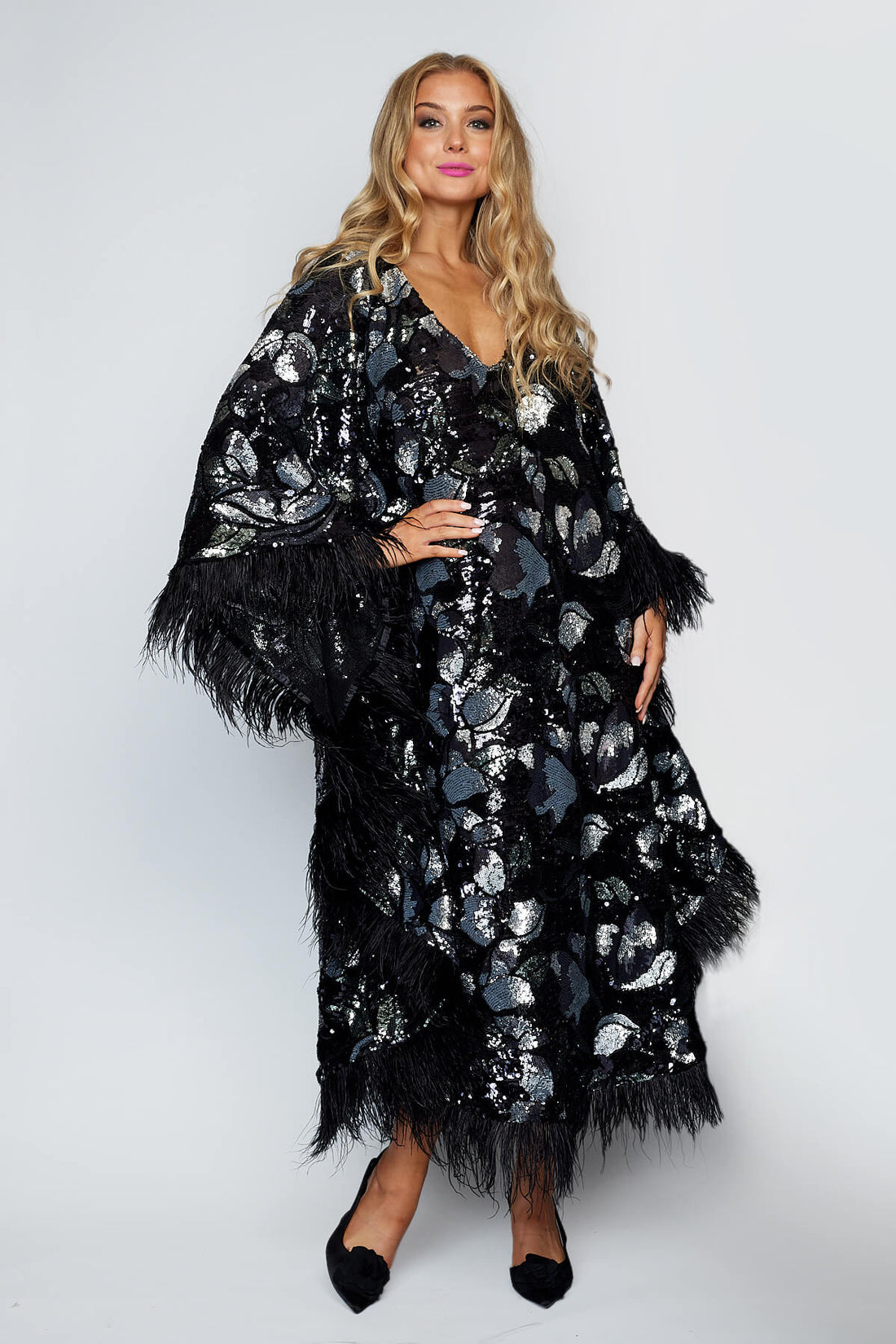 Sequin Feather Kaftan Dress