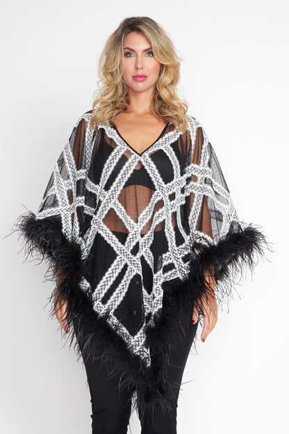 Black and Cream Lace Angel Feather Poncho