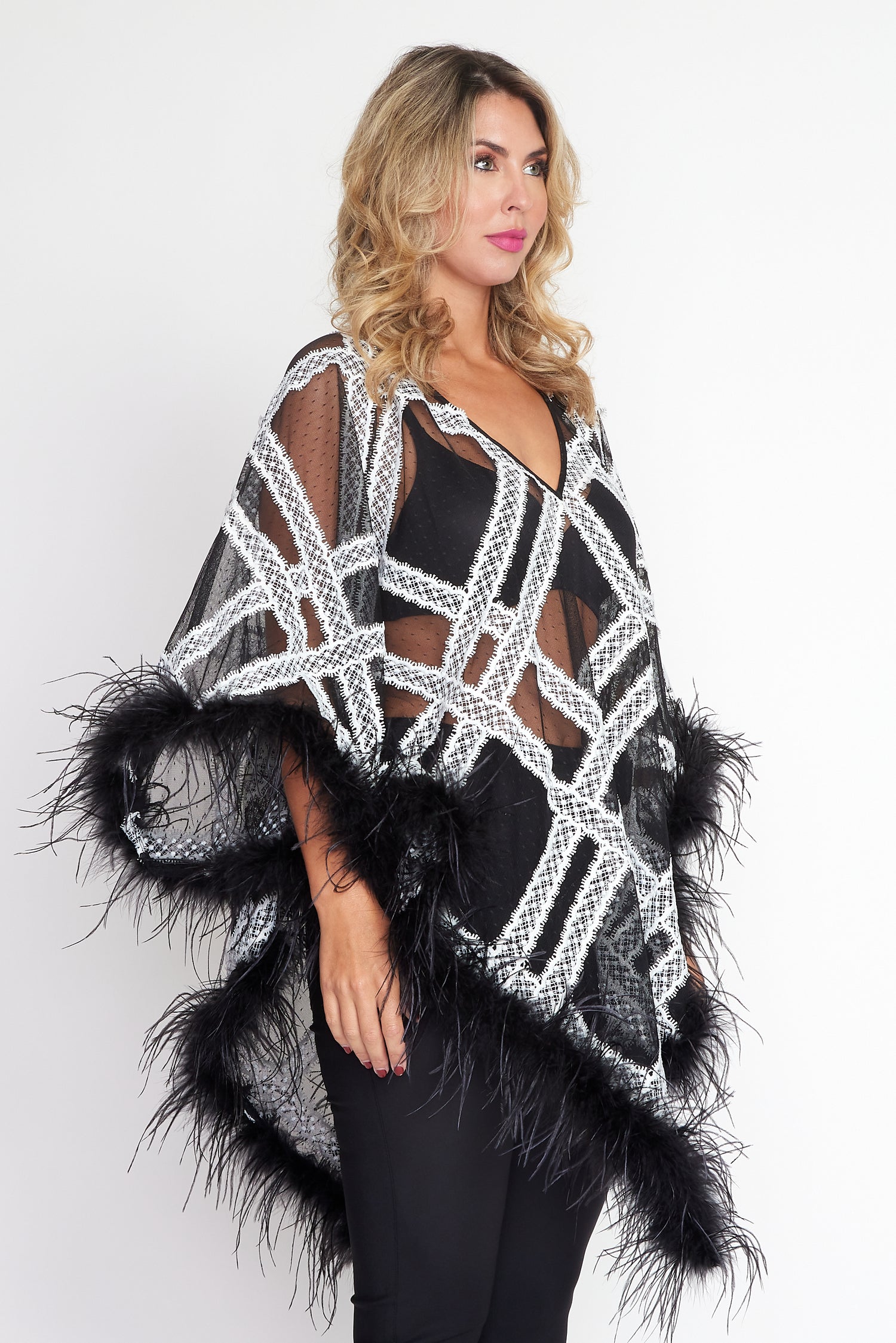 Black and Cream Lace Angel Feather Poncho