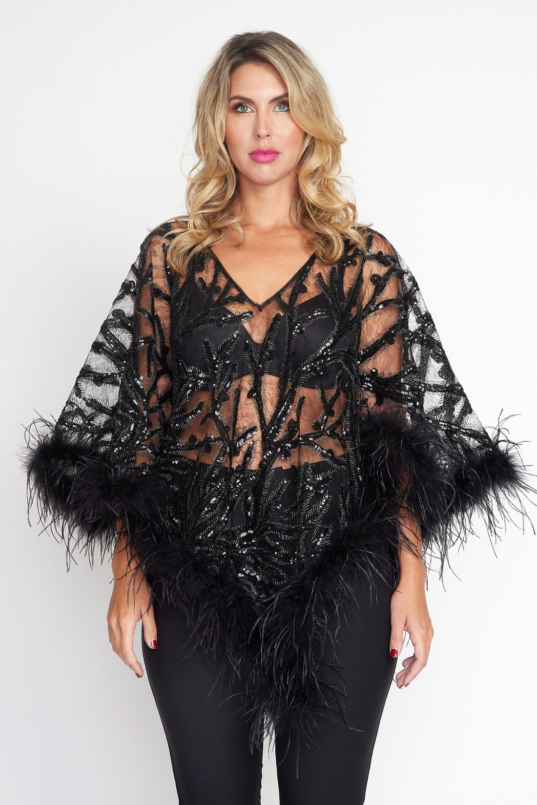 Black Sequin Angel Feather Poncho