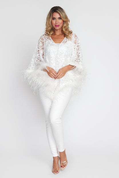 White 3D Sequin Angel Feather Poncho