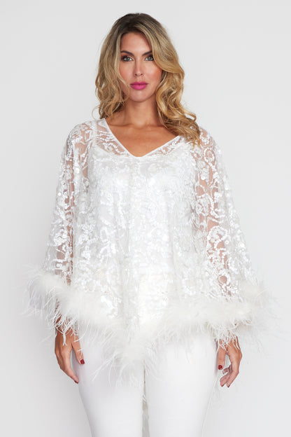 White 3D Sequin Angel Feather Poncho