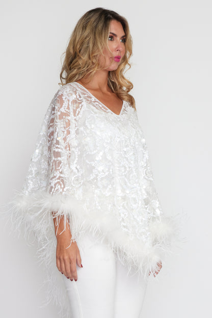 White 3D Sequin Angel Feather Poncho