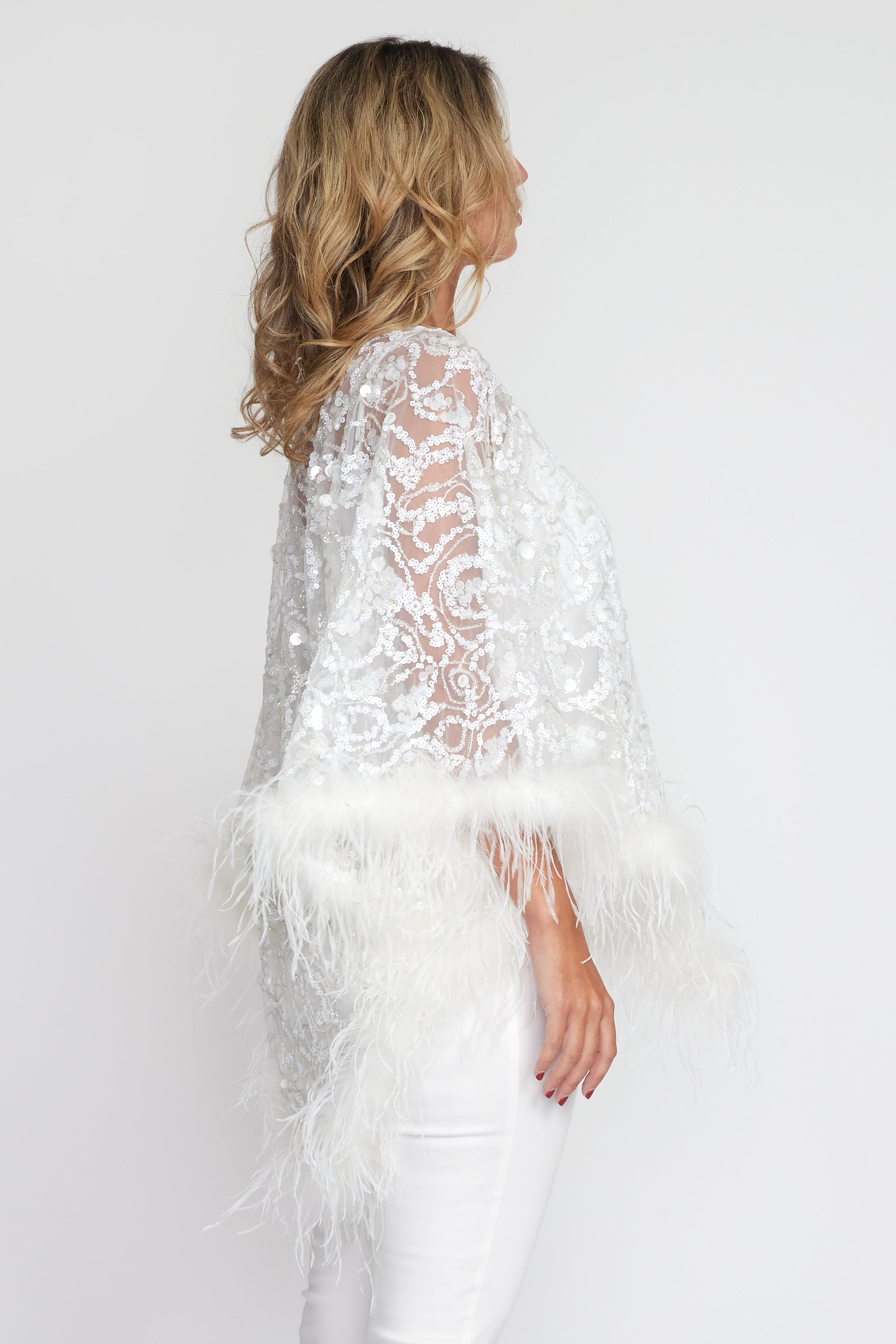 White 3D Sequin Angel Feather Poncho