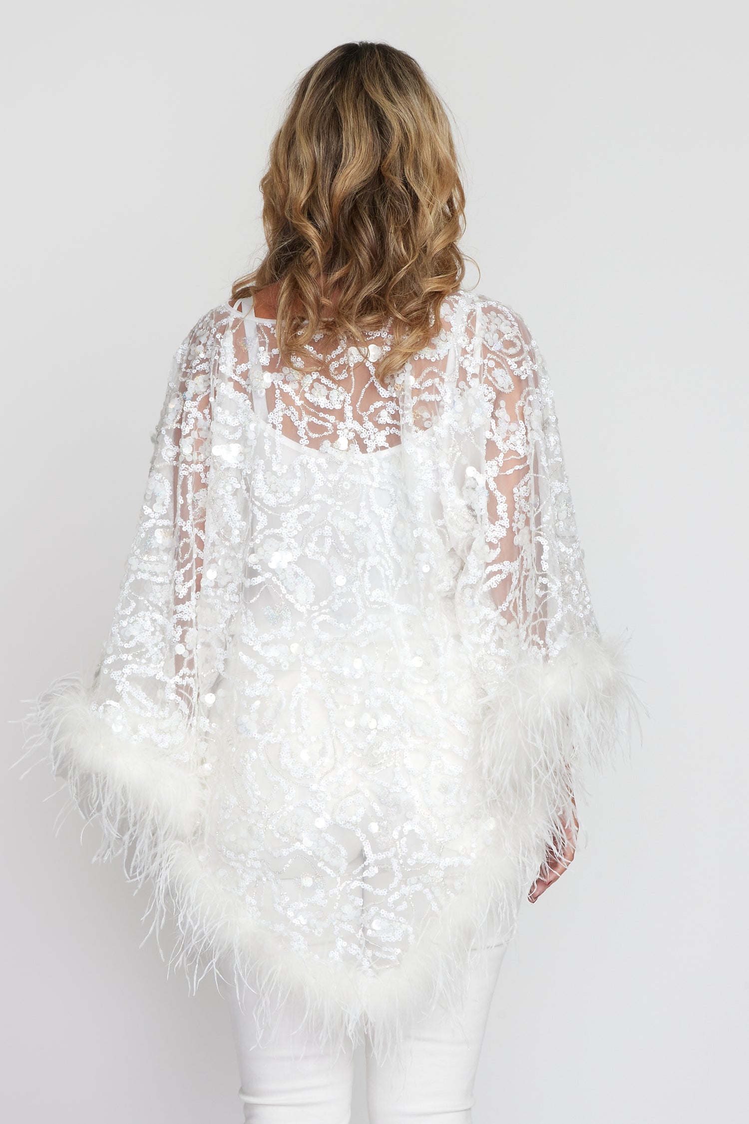 White 3D Sequin Angel Feather Poncho