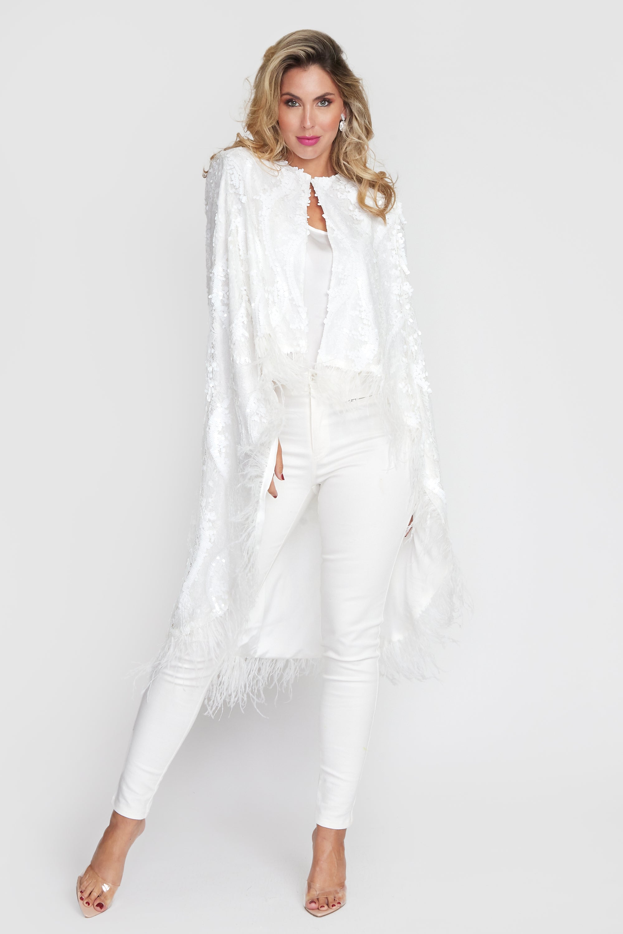 White Sequin/Feather Cape (Long)