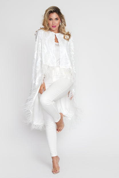 White Sequin/Feather Cape (Long)