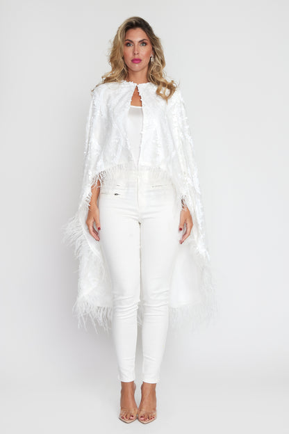 White Sequin/Feather Cape (Long)