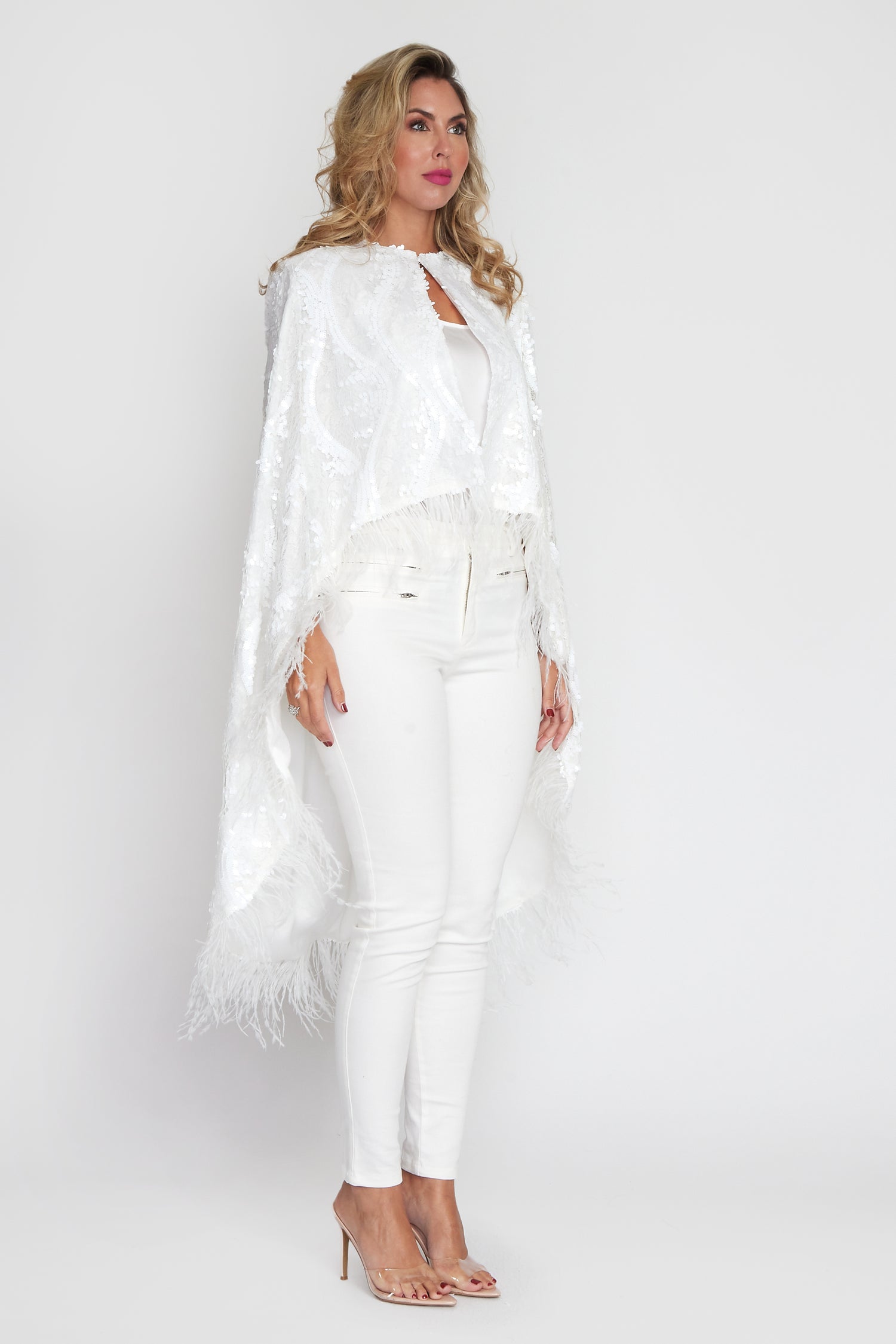 White Sequin/Feather Cape (Long)