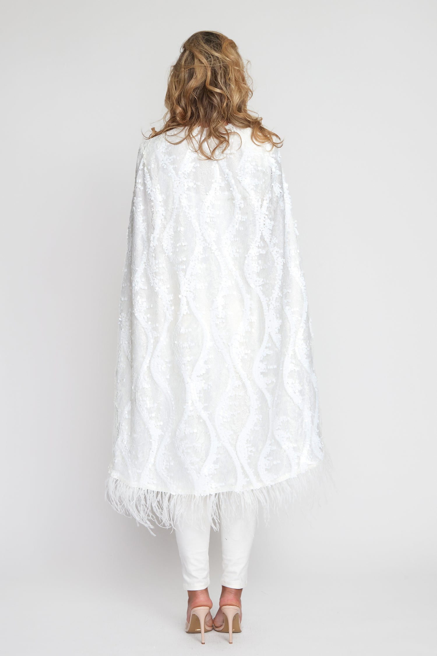 White Sequin/Feather Cape (Long)