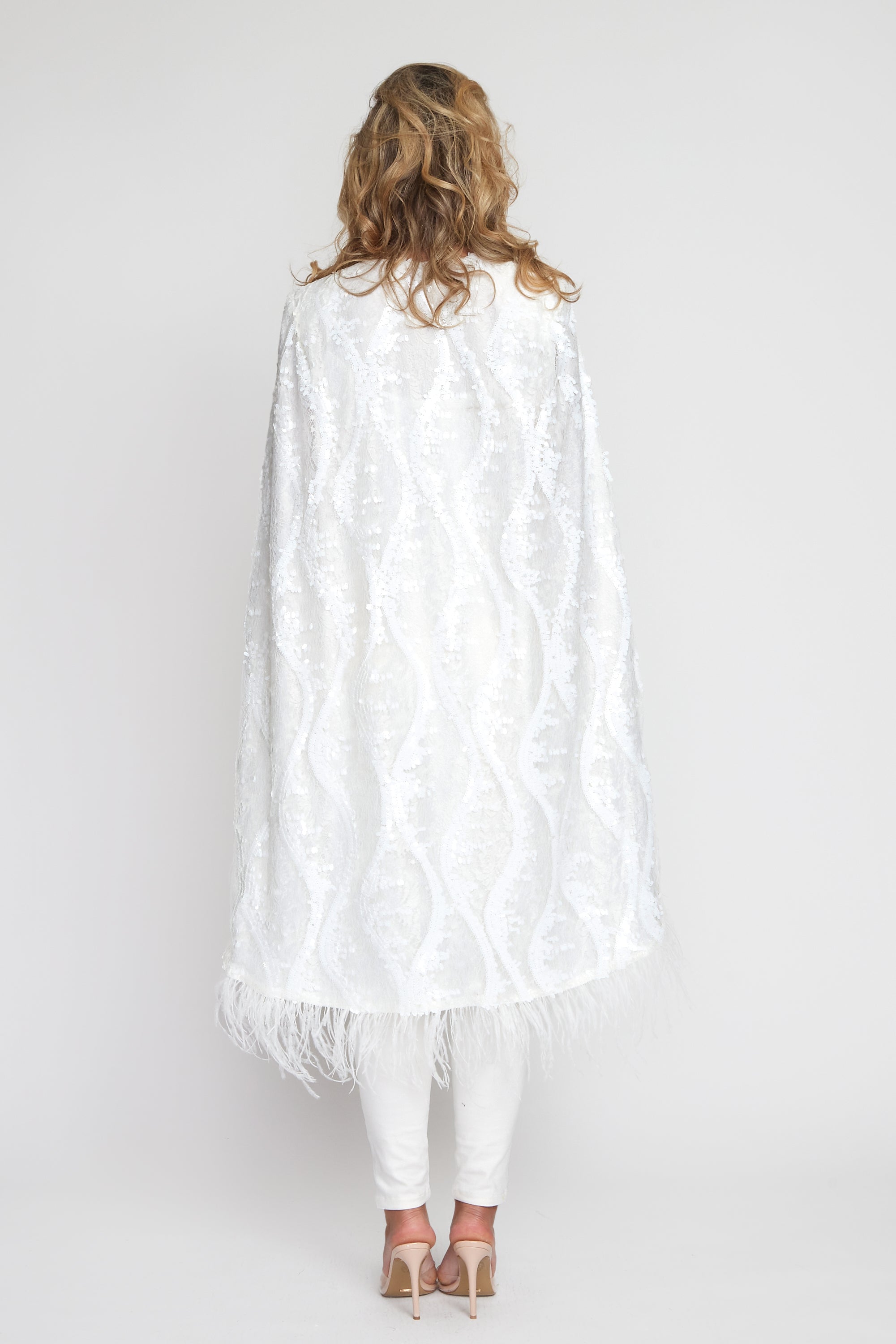 White Sequin/Feather Cape (Long)